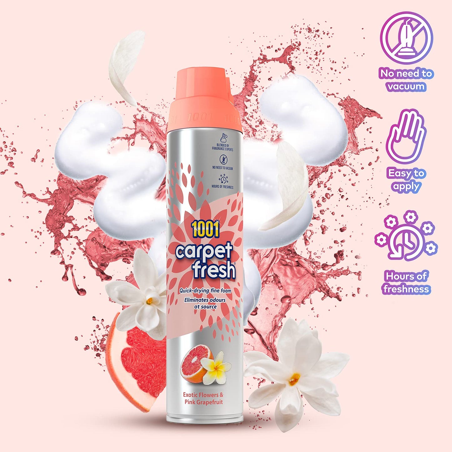 1001 Carpet Fresh Exotic Flowers & Pink Grapefruit Fragrance – Quick drying, For use On Carpet Rug Upholstery Freshening Foam Pet Odour Remover, Pack of 6 300ml Aerosol Spray Can