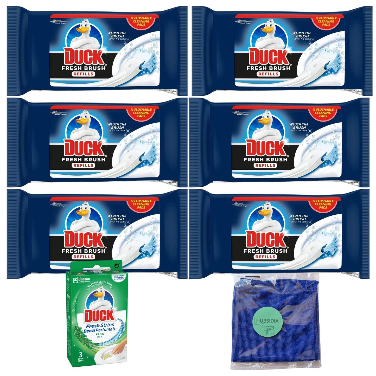 6 x Duck Fresh Brush Refills(6 Packs, 72 Flushable Cleaning Pads) with 1x Toilet Duck Fresh Strips Pine(3 Strips) and 1x Hubsidia Microfibre Cloth