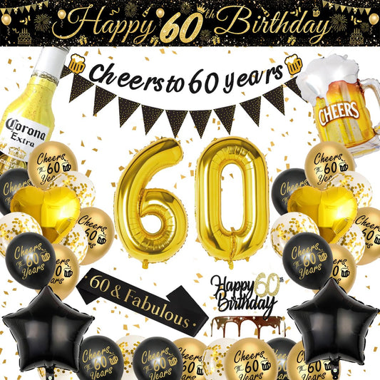 60th Birthday Decoration for Men, 60th Black Gold Balloons with Cheers to 60 Years Banner, Beer & Beer Mug Foil Balloons, Number 60 Foil Balloons for Birthday Party Decorations