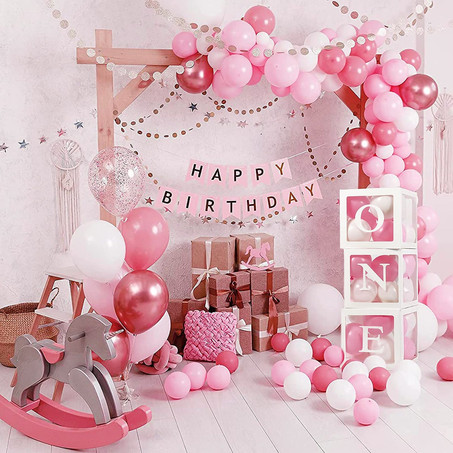 1st Birthday Decorations for Girls, One Balloon Boxes for 1st Birthday, 3Pcs Balloon Boxes with 24 Balloons and ONE Letters, Girl First Birthday Decorations, 1 One Year Old Birthday Party Supplies Pink