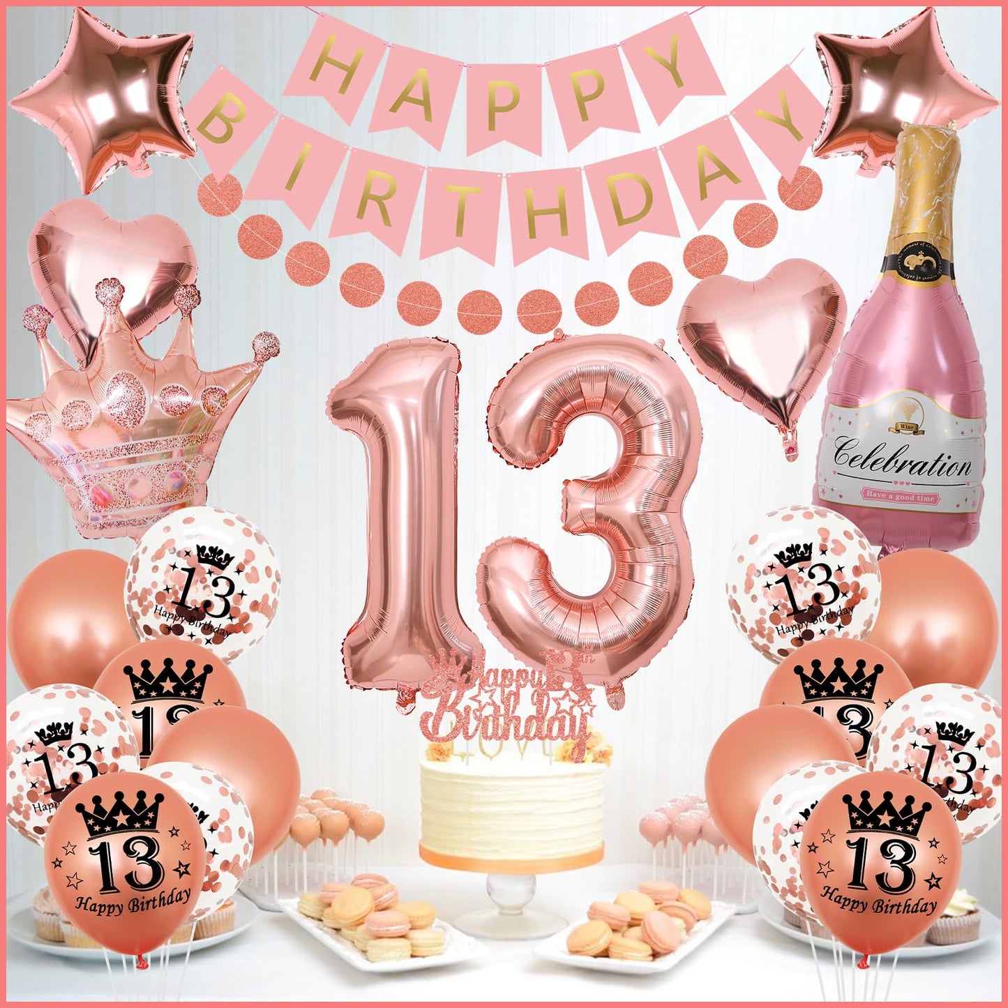 13th Birthday Decorations Girls,13th Birthday Decorations for Girls, WKxinxuan 13th Birthday Banner 13th Sash 13th Balloons Champagne Crown Foil Balloon 13th Birthday Gifts for Girls 13th Birthday Decoration