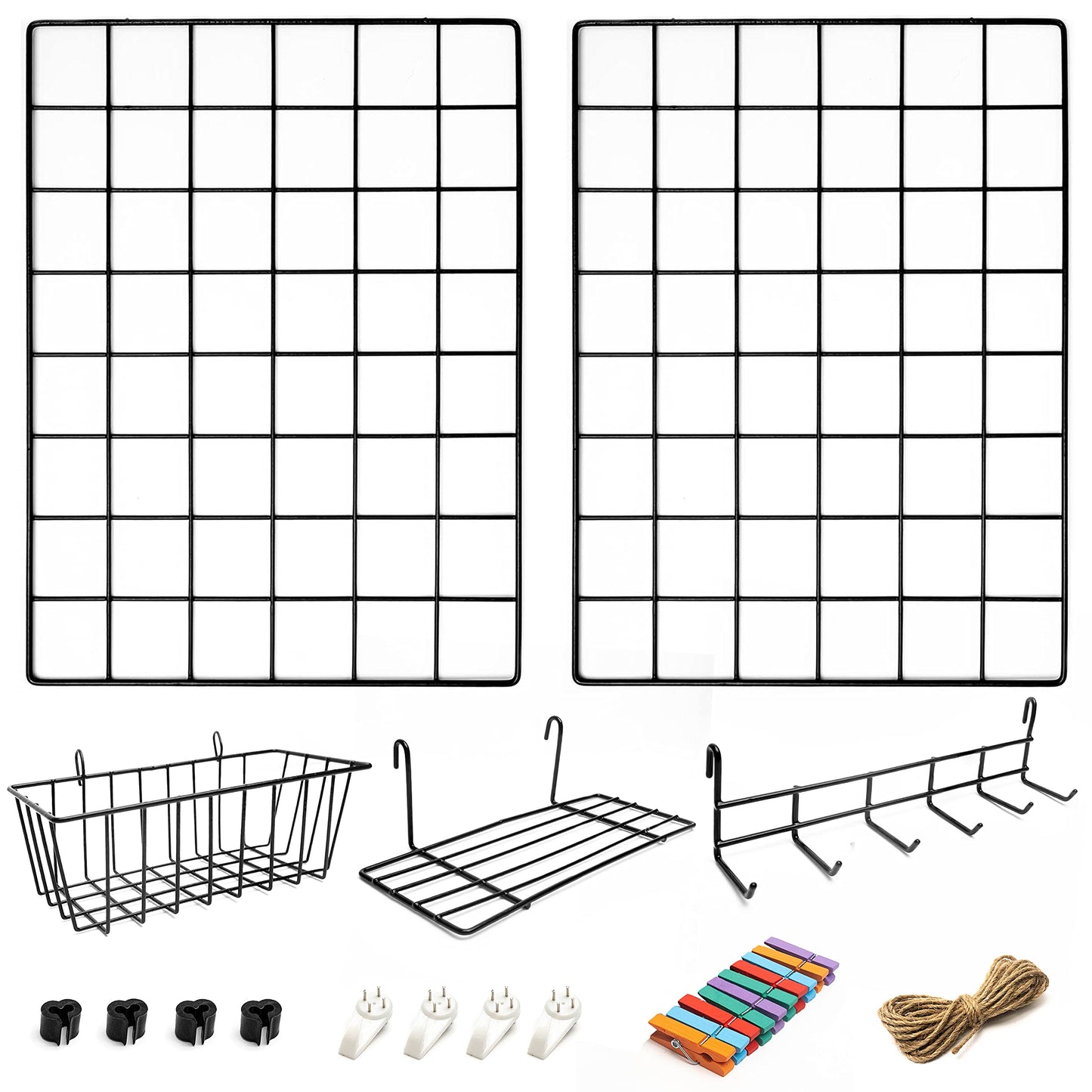 2 Pack Wire Wall Grid Panel With Accessories | Includes Hanging Basket, Shelf & Hook Rack | Complete Set | Wire Notice Board | Hanging Home, Office & Kitchen Décor | Photo Board | Metal & Black 2 Pack