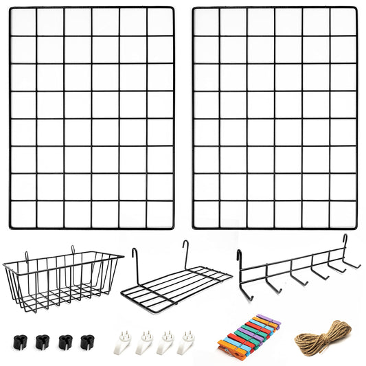 2 Pack Wire Wall Grid Panel With Accessories | Includes Hanging Basket, Shelf & Hook Rack | Complete Set | Wire Notice Board | Hanging Home, Office & Kitchen Décor | Photo Board | Metal & Black 2 Pack