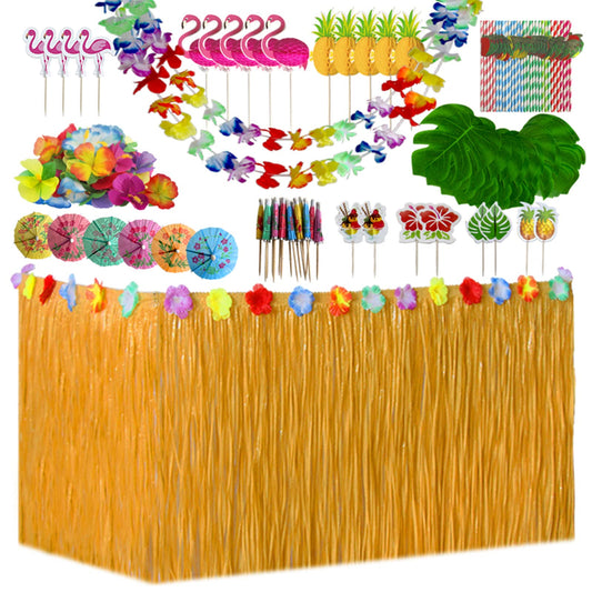 156pcs Hawaiian Tropical Party Decoration Set,Hawaiian Grass Table Skirt Hawaii Garland Palm Leaves Colored Umbrellas 3D Fruit Straws Suitable for Jungle Garden Beach Summer Party (Straw color) Straw Color