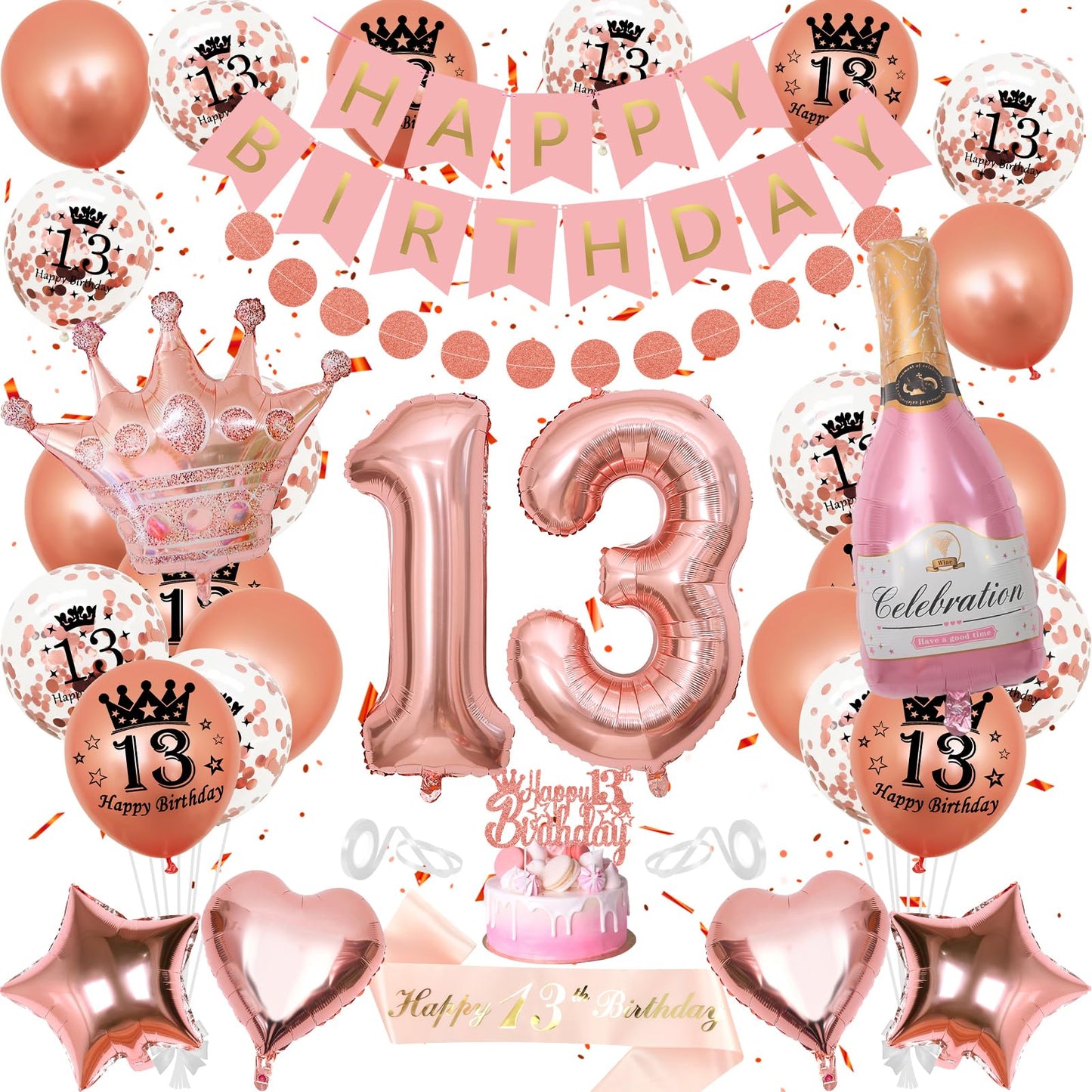 13th Birthday Decorations Girls,13th Birthday Decorations for Girls, WKxinxuan 13th Birthday Banner 13th Sash 13th Balloons Champagne Crown Foil Balloon 13th Birthday Gifts for Girls 13th Birthday Decoration