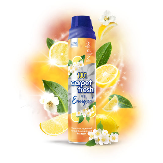 1001 Carpet Fresh Feel Energized 300ml Can - Invigorating Lemon Scent for Long-Lasting Freshness and Stress-Reducing Odor Elimination, Quick Drying, No Need to Hoover NEW MOOD ENERGISED 300 ml (Pack of 1)