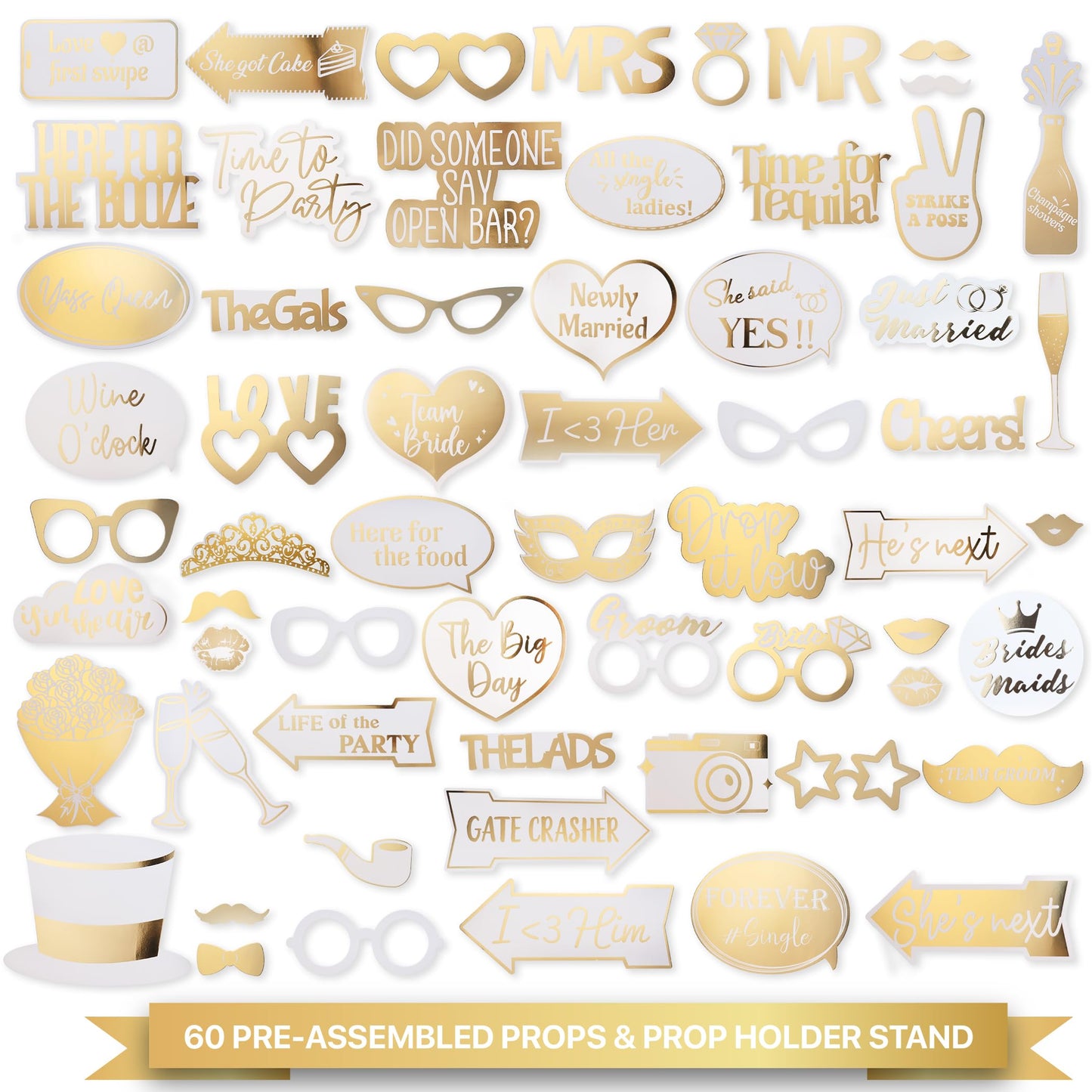 60 PCs - FULLY ASSEMBLED - NO DIY - Wedding Photo Booth Props - Prop Stand - Gold Signs - Elegant Wedding & Reception Party Supplies- Funny Wedding Props -Gold Foil Print – Bridal PhotoBooth