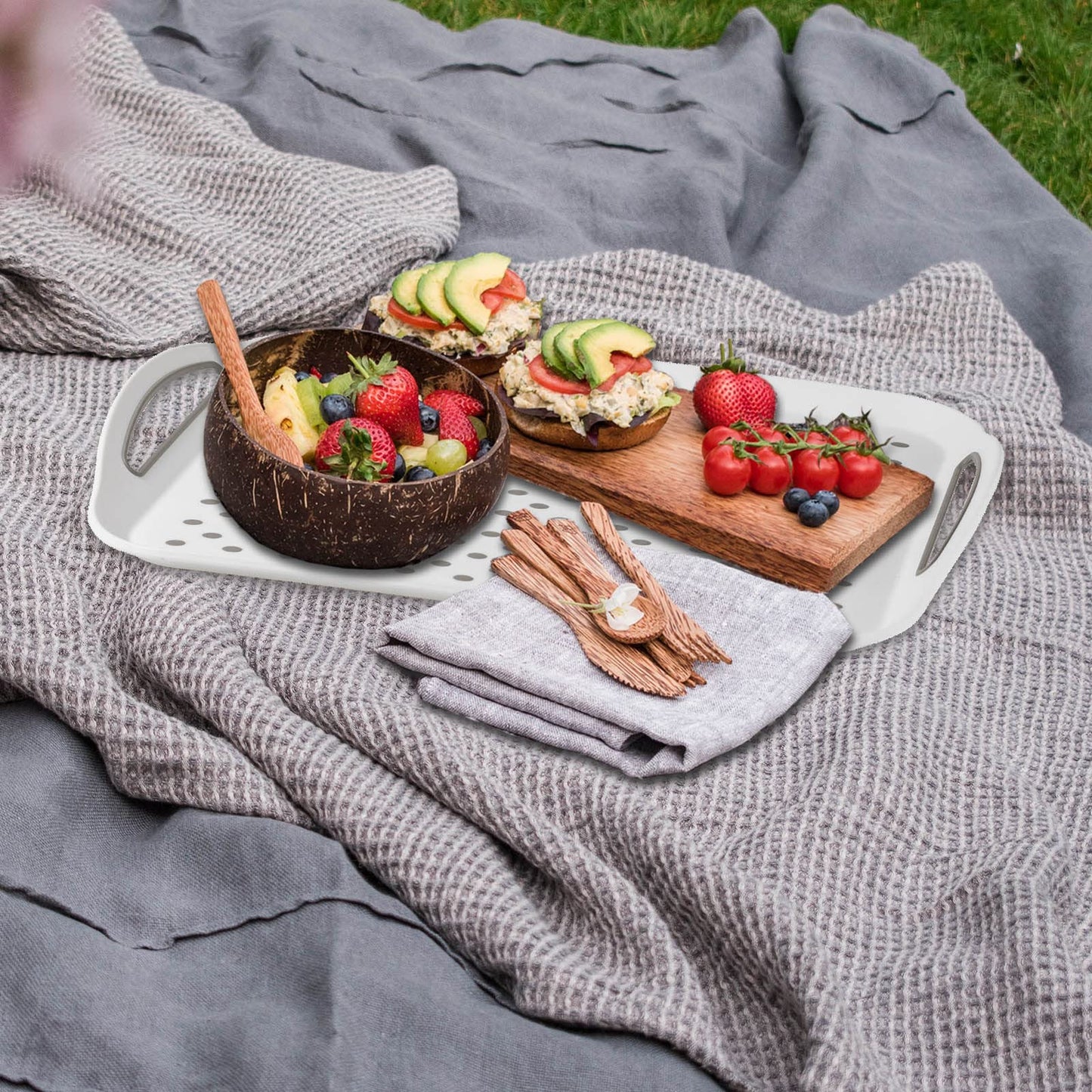 3 Pack Large Non-Slip Plastic Serving Tray with Handles, Anti Slip Rectangular Food Tray for Eating Dinner Drinks (White) White