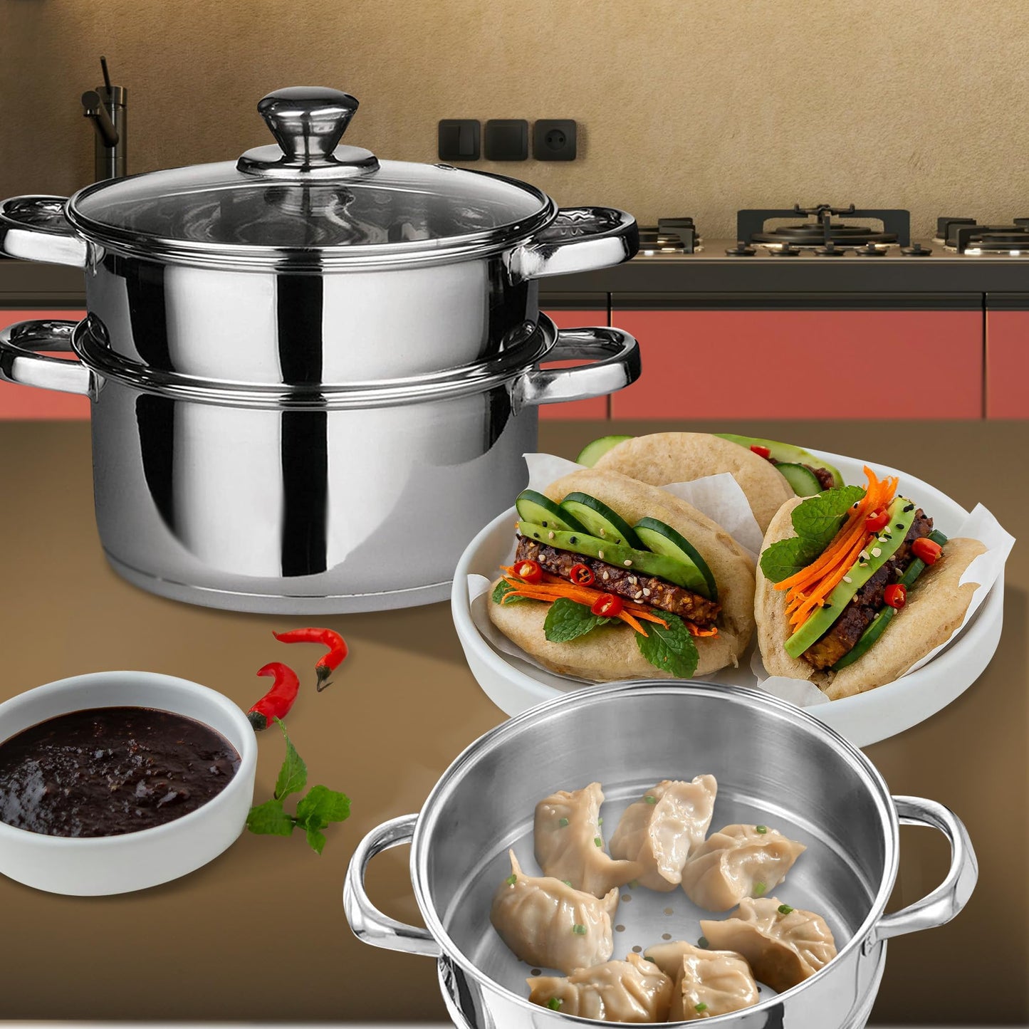 22 cm Deluxe Steamer Cookware Set with Glass Lid & Handles Stainless Steel Pan 3 Tier Pot CAPSULATED Bottom Prima Kitchen Home Cook Chef Healthy Veg Cooking Housewarming Gifts UK Free P&P