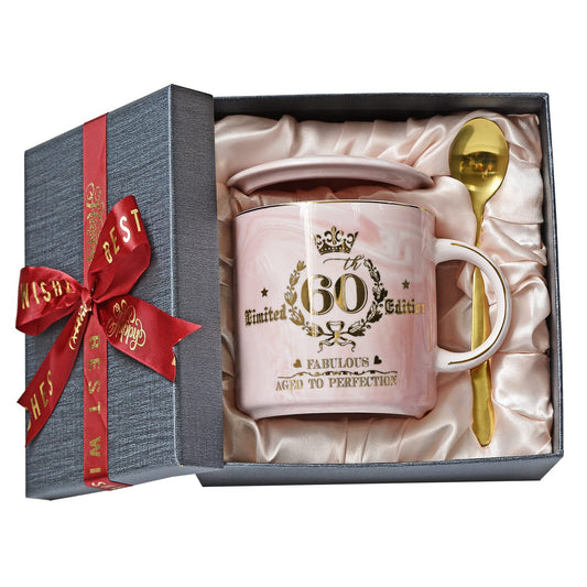 60th Birthday Gift for Women, Fabulous 1964 Aged to Perfection - 14oz Pink Coffee Mug Printed with Gold, Turning 60 Gifts for 60 Years Old Woman, Mum, Grandma, Friend, Her, Ceramic Marble Cup with Box Pink - 60th Birthday Gifts