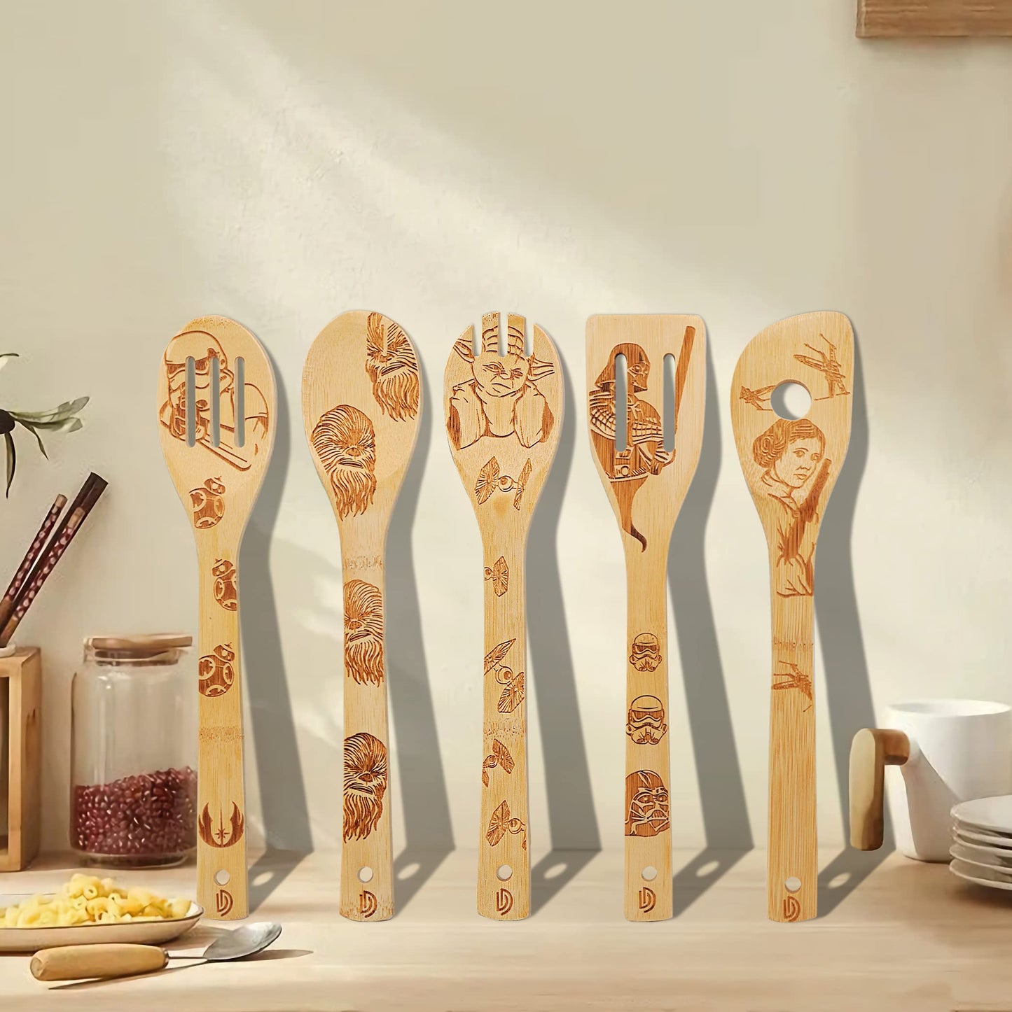 5 PCS Star Wars Wooden Spoon Set,Star Wars Gifts for Men Adults,Baby Yoda Gifts for Women,Starwars Wooden Spatula for Cooking,Star Wars Merchandise for Kitchen Decor Star Wars Themed