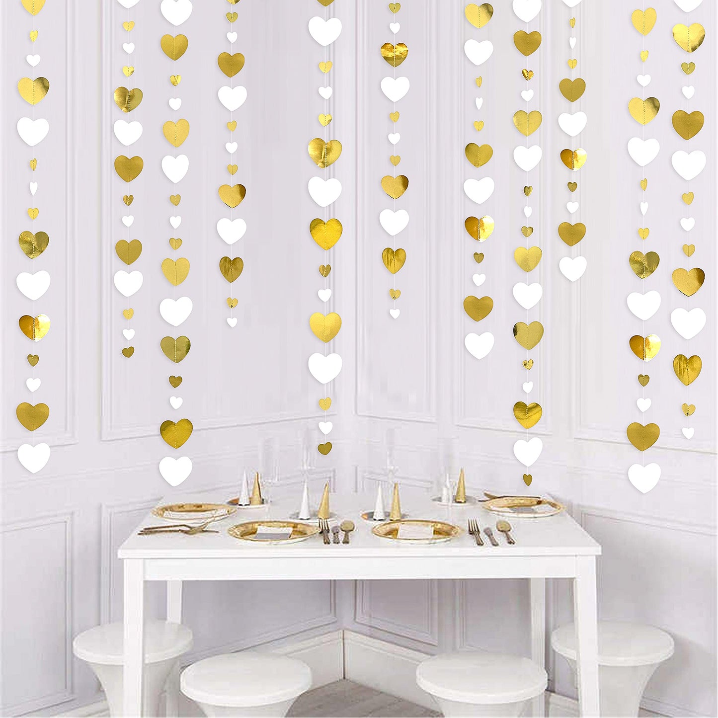 52Ft White and Gold Love Heart Garland Hanging Paper Streamer Banner for Anniversary Bachelorette Engagement Wedding Bridal Shower Birthday Father's Mother's Day Valentines Christmas Party Decorations White Gold Hearts Streamer