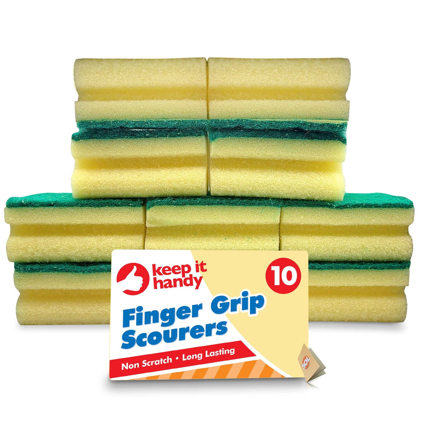 10pk Heavy Duty Sponge Scourer with Finger Grip | Sponges Washing Up | Scourers Sponge | Kitchen Sponge | Dish Sponge | Cleaning Sponges | Washing Up Sponge for Kitchen and Bathroom + SOL Sticker