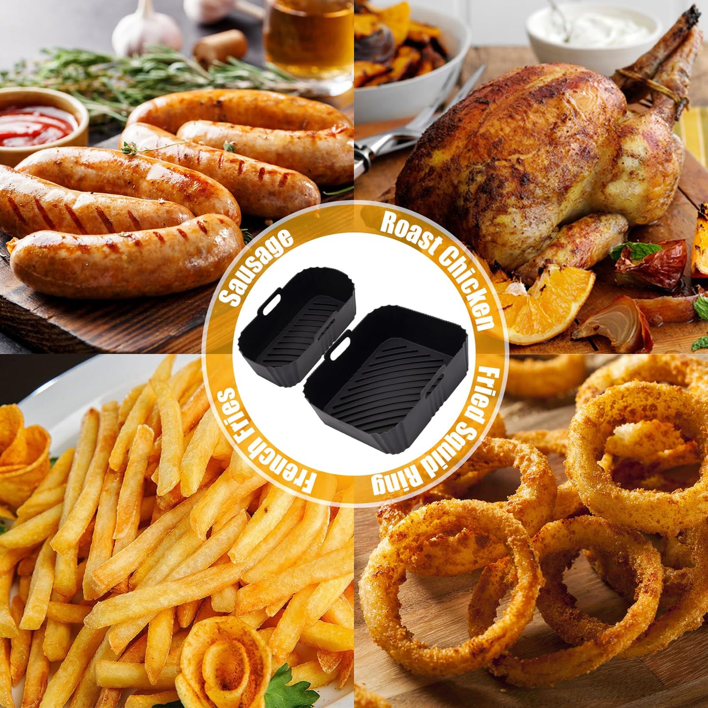 2pcs Reusable Air Fryer Silicone Liners for Tefal Easy Fry 5.2L/3.1L, Tower T17099 5.2L/3.3L, Lakeland 5L/3L, Salter 5.5L/3.5L, Two Sizes Airfryer Trays, Large&Small Dual Drawer Air Fryer Accessories