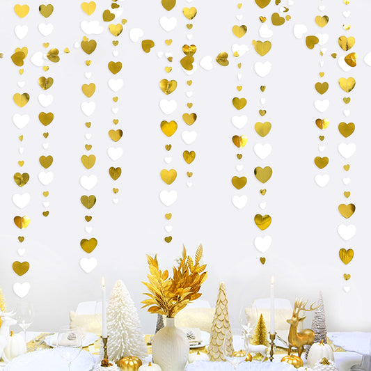 52Ft White and Gold Love Heart Garland Hanging Paper Streamer Banner for Anniversary Bachelorette Engagement Wedding Bridal Shower Birthday Father's Mother's Day Valentines Christmas Party Decorations White Gold Hearts Streamer