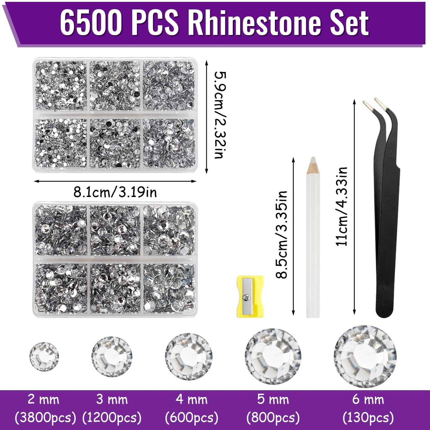 6500 Pcs Rhinestone, Nail Gems, Crystal Rhinestones for Craft, Rhinestones for Clothes, Nail Rhinestones, Hotfix Rhinestones with Tweezers, Wax Pencil, Sharpener, Jewels for Crafting DIY Shoes Bags