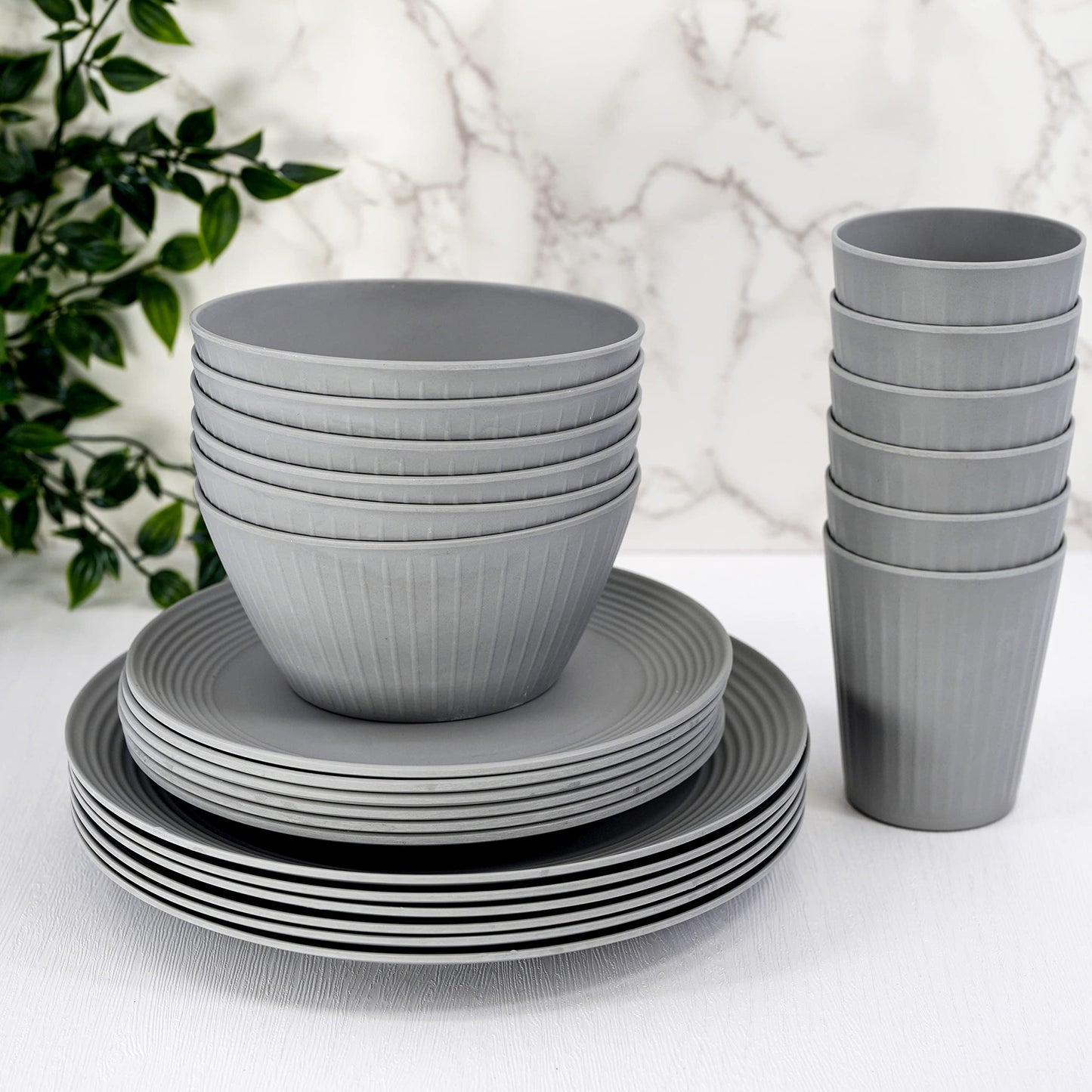 24pcs Grey Picnic Set Dinner Plate Tableware Outdoor Party Beach Camping Travel BBQ Set Lightweight Serving Bowls Cups Plates Dinnerware Set for 6 People