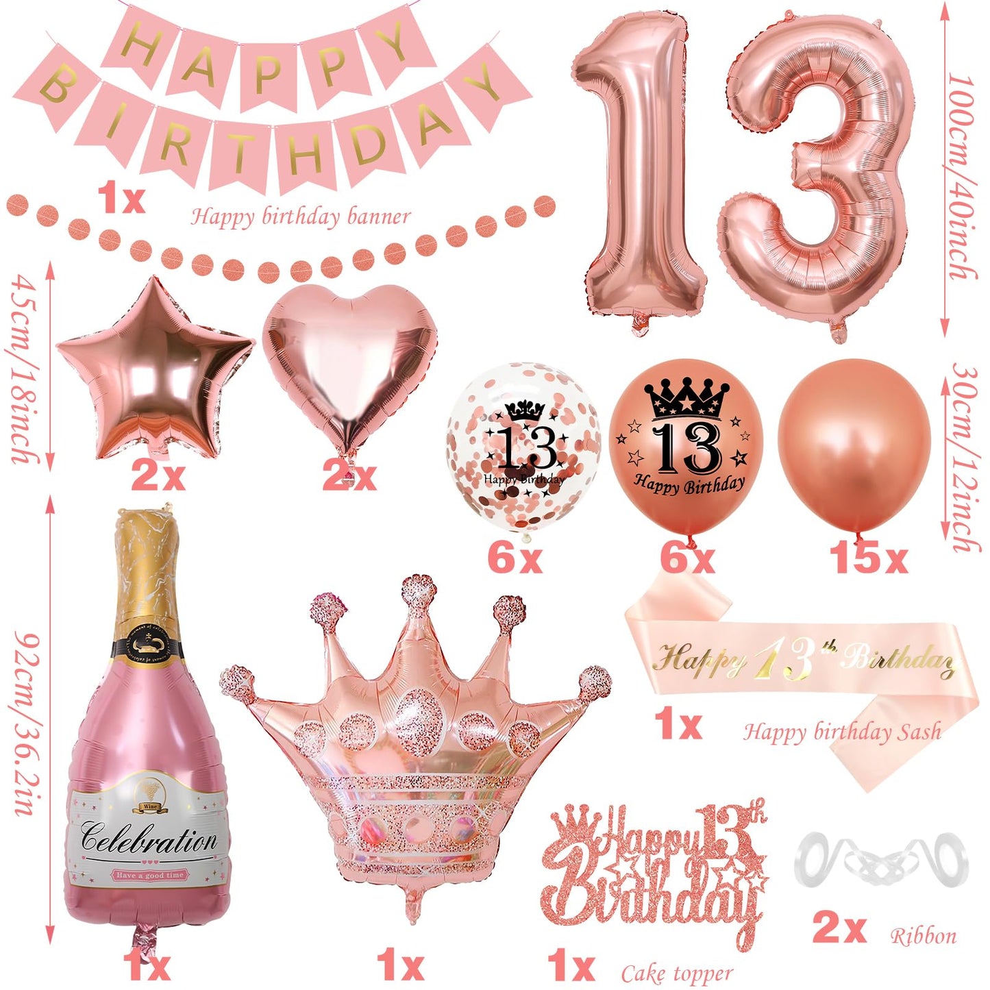 13th Birthday Decorations Girls,13th Birthday Decorations for Girls, WKxinxuan 13th Birthday Banner 13th Sash 13th Balloons Champagne Crown Foil Balloon 13th Birthday Gifts for Girls 13th Birthday Decoration