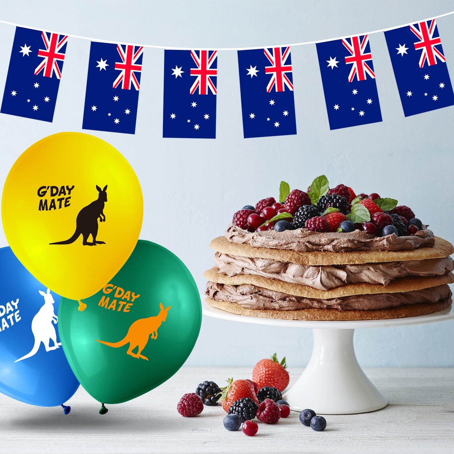 5M Australian Flag Bunting Banner by 20 Pcs Small Australian Flags,18Pcs Kangaroo Balloons Australia Day Balloons and Silvery Grey Ribbons for Australian Party Decorations,Baby Shower Birthday Party