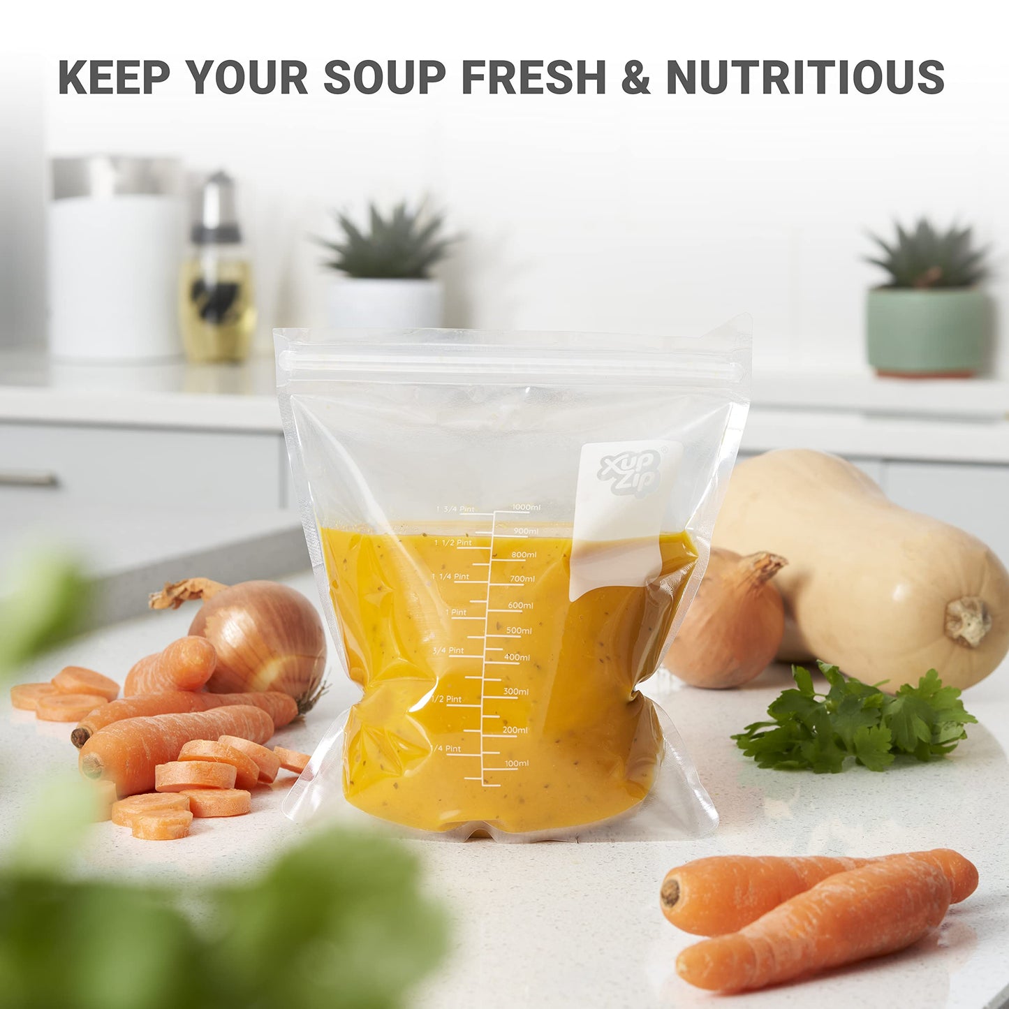 20 x XupZip 500ml Soup Bags - Clear Soup Bag 20 x 17.4cm - Heavy-Duty Freezer Bags - Airtight Double Seal, Easy Pouring Tab - Standing Food Storage Bags - Reusable Freezer Bags for Soup Storage 500ml - 20 Bags