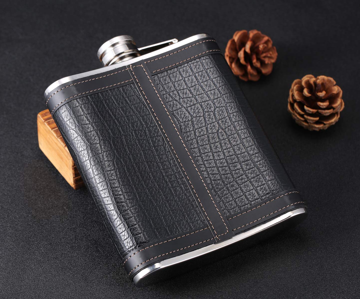 18 oz Black Stainless Steel Large Capacity Whiskey Liquor Flask with Leather Wrapped, TANEAXON D. Black(3) 18 oz