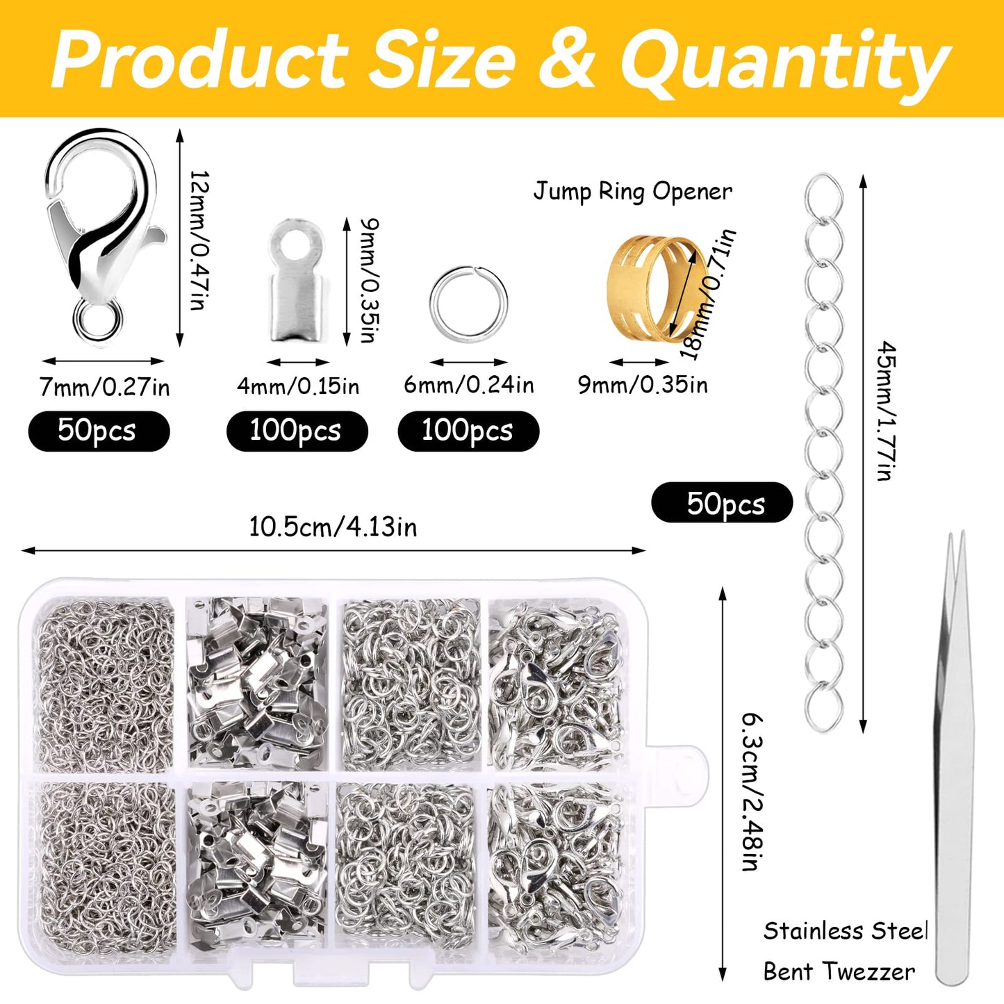 300 Pcs Jewellery Clasps Set, Lobster Clasps with Jump Rings, Crimp Ends, Chain Extender, Jump Ring Opener and Tweezer, Bracelet Clasps Necklace Connectors for Jewellery Making DIY Craft (Silver) Silver