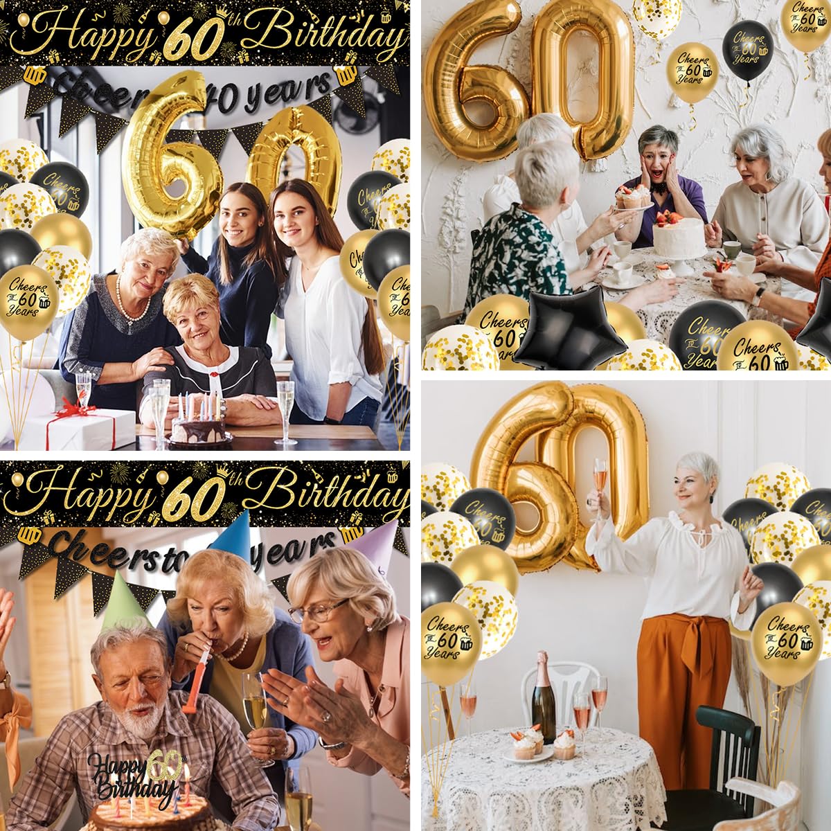 60th Birthday Decoration for Men, 60th Black Gold Balloons with Cheers to 60 Years Banner, Beer & Beer Mug Foil Balloons, Number 60 Foil Balloons for Birthday Party Decorations