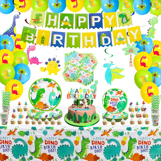 162 Pack Dinosaur Birthday Party Supplies Set Dinosaur Themed Tableware Set Dino Happy Birthday Banners Dinosaur Plates Dinosaur Tablecloths Dino Cups Napkins Dino T-Rex Party Decoration Set Serves 20 Dino-b