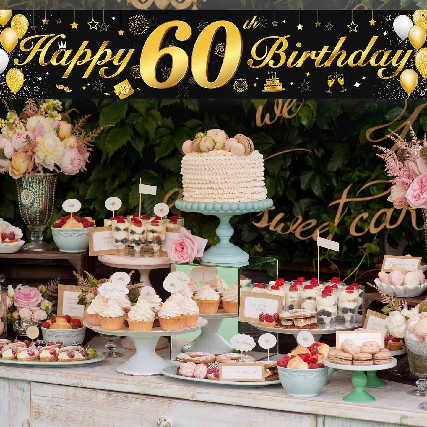 60th Birthday Party Decorations Banner for Men and Women,Essential Decoration for 60th Birthday Party,Long Size Black and Gold 60th Birthday Banner 210×40 cm(82.7×15.7inch)