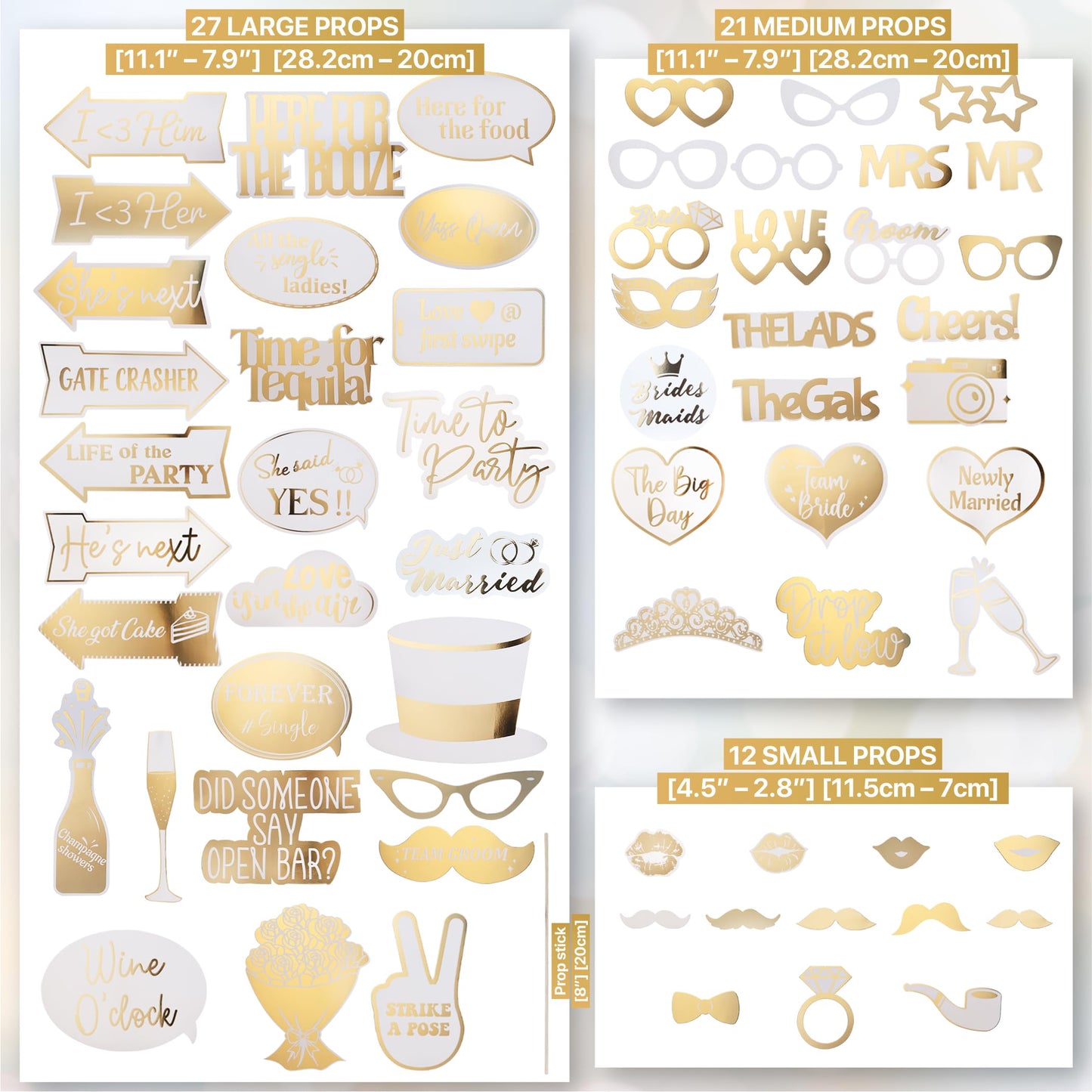 60 PCs - FULLY ASSEMBLED - NO DIY - Wedding Photo Booth Props - Prop Stand - Gold Signs - Elegant Wedding & Reception Party Supplies- Funny Wedding Props -Gold Foil Print – Bridal PhotoBooth