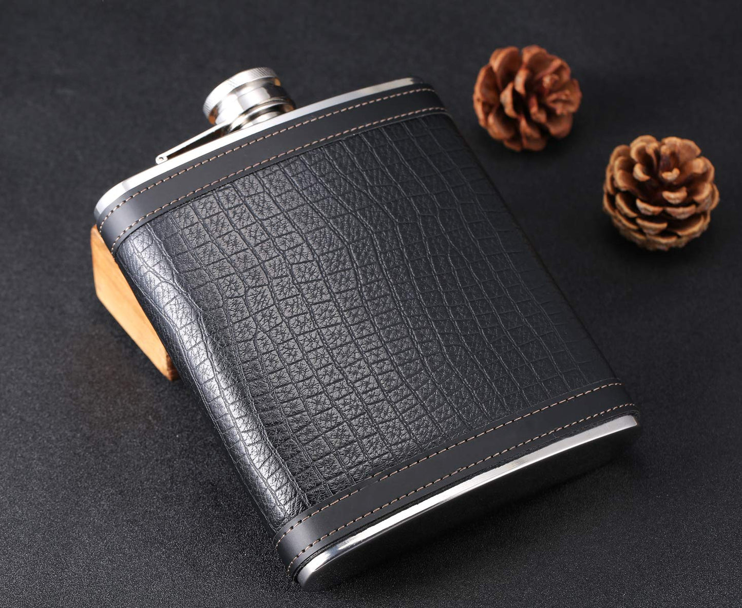 18 oz Black Stainless Steel Large Capacity Whiskey Liquor Flask with Leather Wrapped, TANEAXON D. Black(3) 18 oz