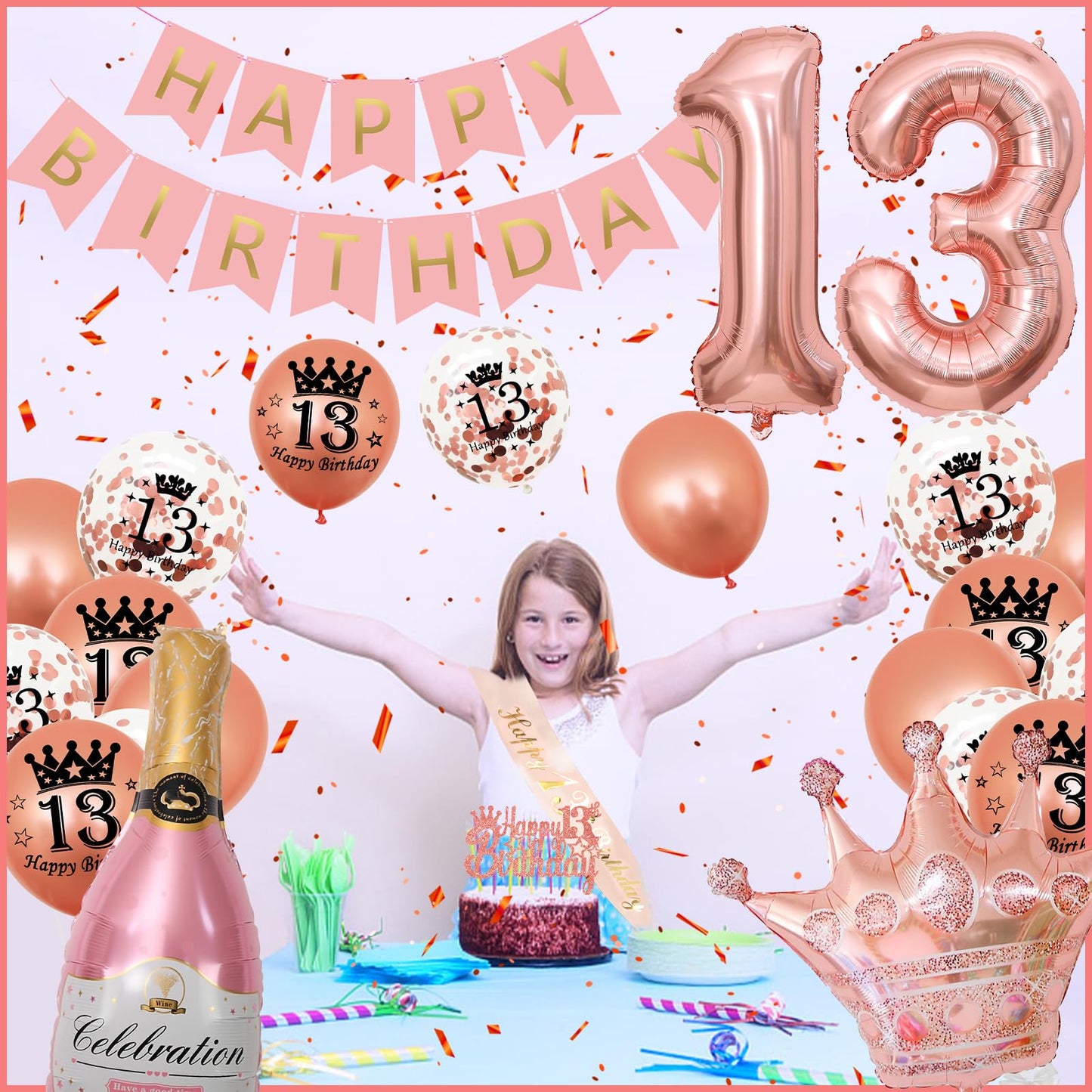 13th Birthday Decorations Girls,13th Birthday Decorations for Girls, WKxinxuan 13th Birthday Banner 13th Sash 13th Balloons Champagne Crown Foil Balloon 13th Birthday Gifts for Girls 13th Birthday Decoration