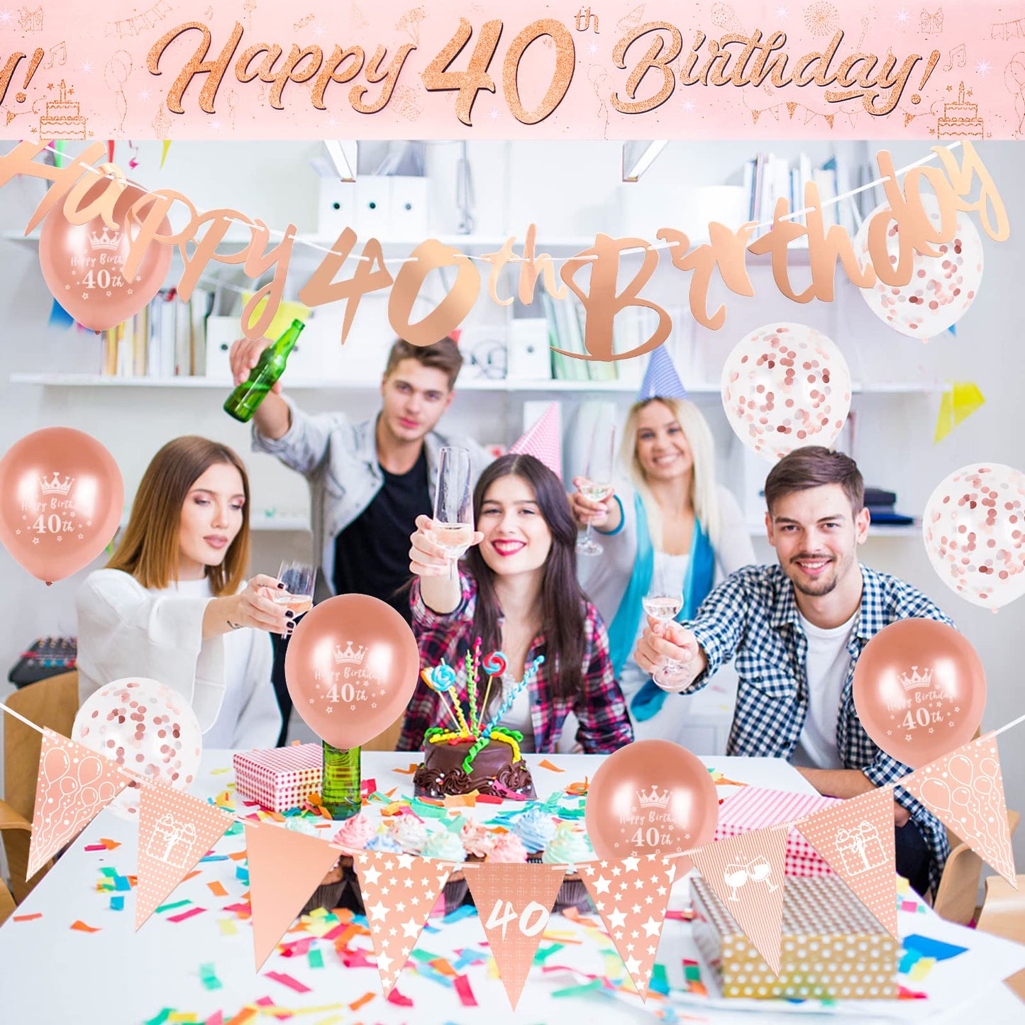 40th Birthday Decoration Kit Rose Gold Happy 40th Birthday Banner Triangle Flag Confetti Balloons Birthday Party Decorations Supplies Age 40