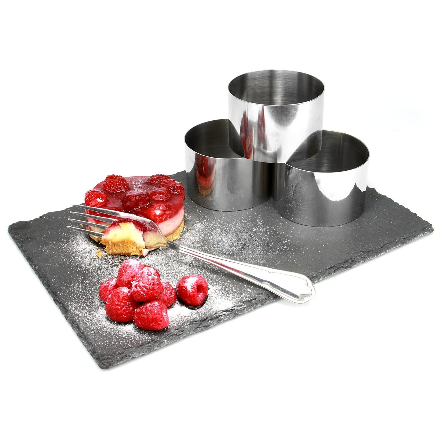 8 Piece Cooking & Dessert Ring Set | 6 x Presentation Mould Rings | 1x Food Press & 1 x Spatula | Stainless Steel | Sweet & Savoury | Cheesecake Eggs Pastry Baking Moulds | M&W