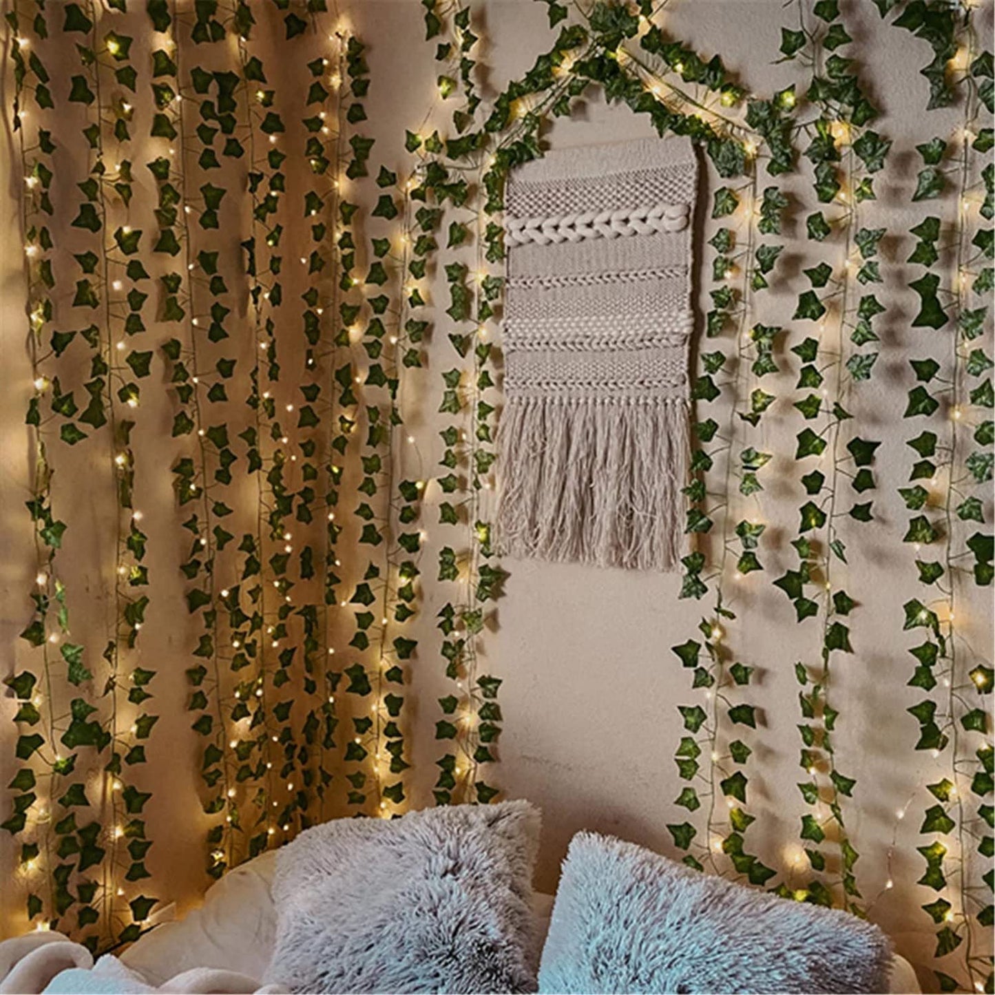 12 Pack 84Ft Artificial Ivy Leaf Garland with 100 LED Fairy String Lights,Fake Green Leaves Hanging Vine Faux Flowers Decoration for Indoor,Outdoor,Kitchen,Garden,Office,Wedding,Wall