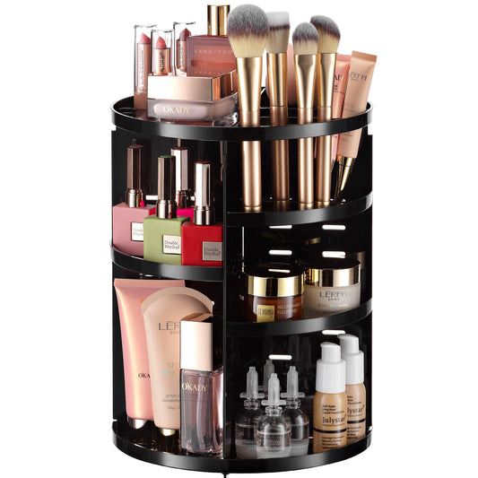 360 Rotating Makeup Organizer - Adjustable Shelf Height and Fully Rotatable. The Perfect Cosmetic Organizer for Bedroom Dresser or Vanity Countertop. (Black) Black