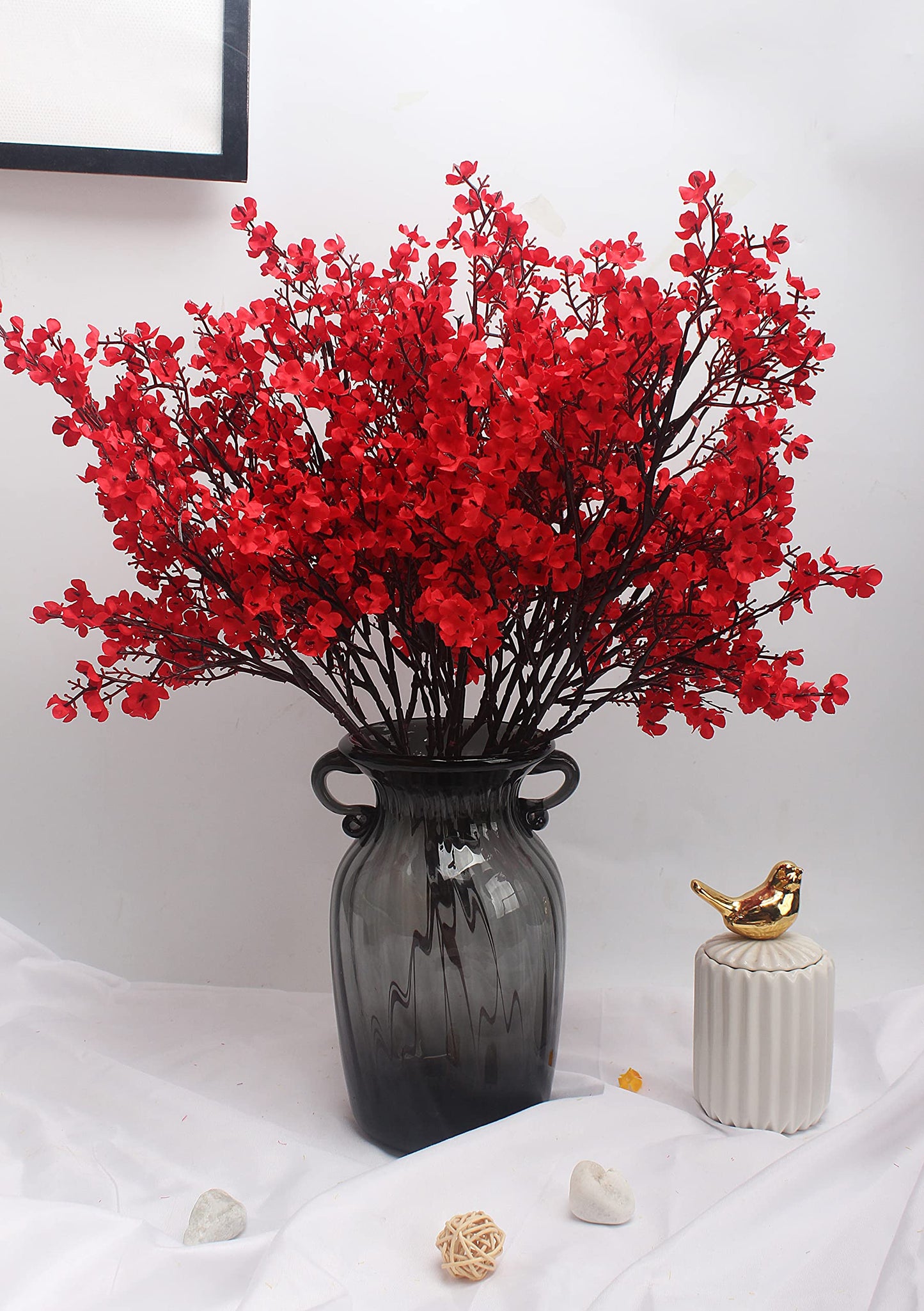 12pcs Babys Breath Artificial Flowers Gypsophila Bouquet Bulk Fake Spring Silk Small Flowers Real Touch Faux Floral for Home Bedroom Kitchen Garden Wedding Christmas Party DIY Decor (Red 12pcs) Red 12 Bundles