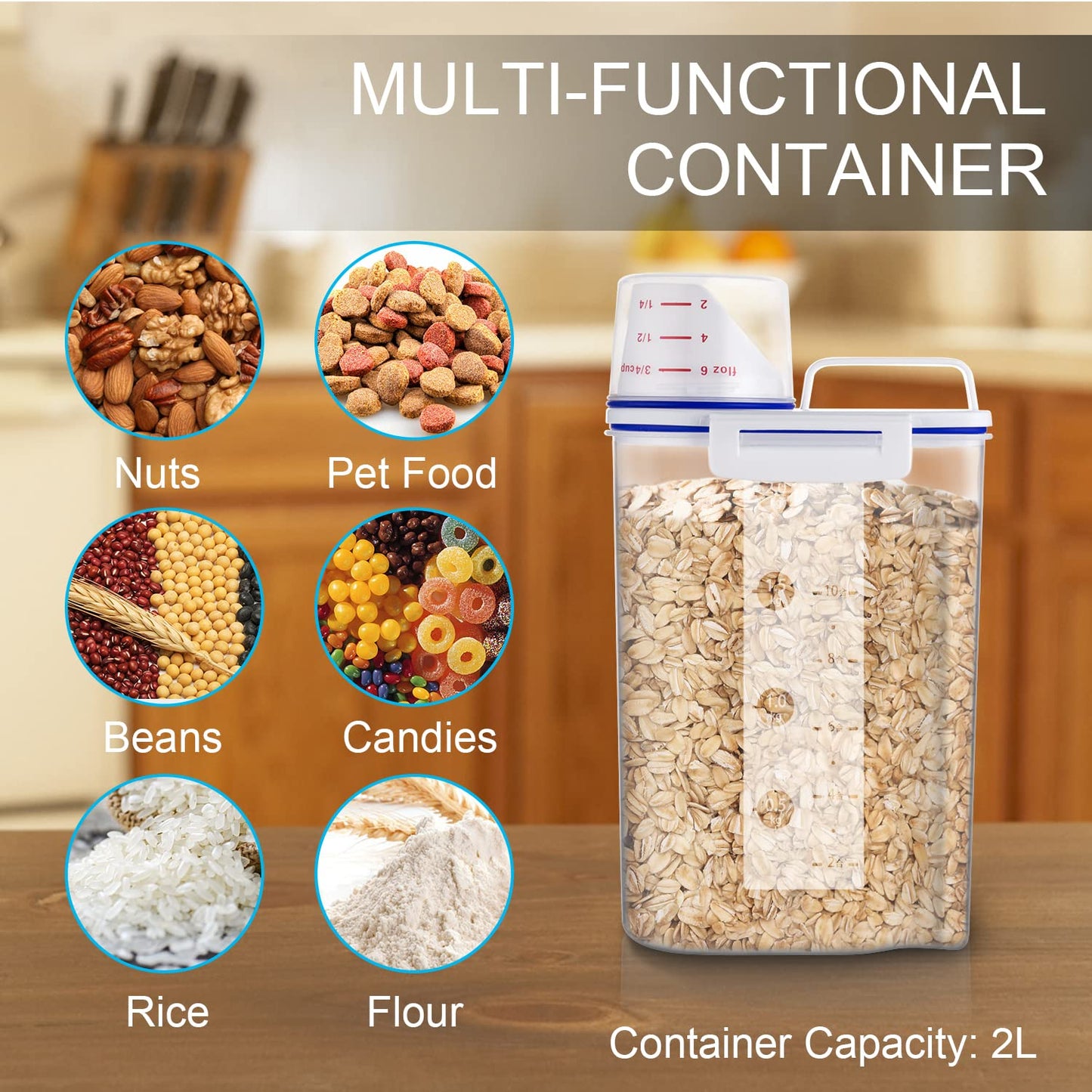 2L Food Storage Container for Rice, Small Portable Rice Container with Measuring Cup, BPA-Free Plastic Cereal Storage Container with Pour Spout for Kitchen - Storage Bin for Beans, Flour, Pet Food 2L-Blue