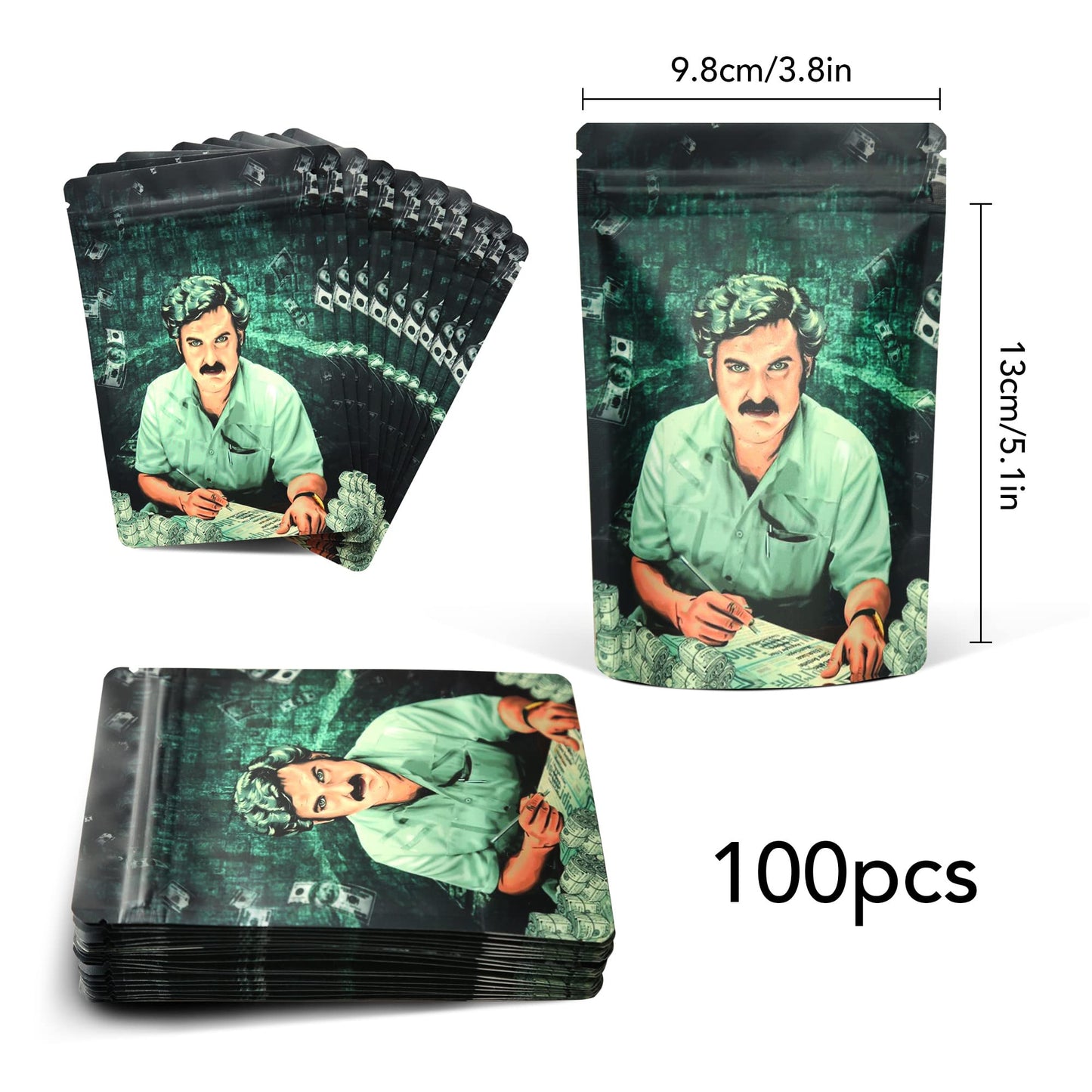 100 Pack Mylar Bags, Pablo Escobar, Resealable Smell Proof Cookies Mylar Bag, 3.5 Cali Pack Bags, Aluminium Foil, Candy, Cookie Bags, Storage Ziplock Sandwich Bags (9.8cm x 13cm, Pablo Escobar Design)