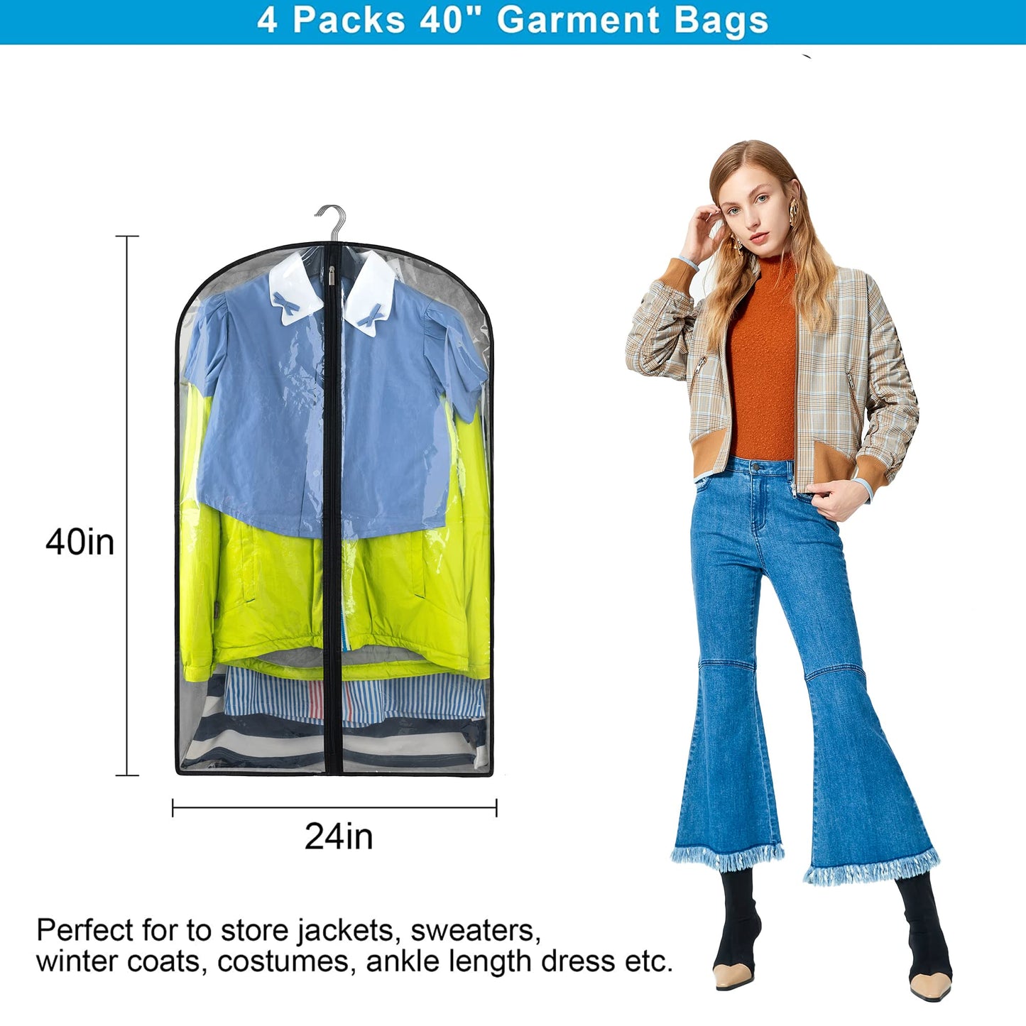 4 Pack Clothes Covers with Zip, 40" (102cm) Garment Bags Clothes Storage Gusseted Suit Covers Protector Bags Breathable Hanging Garment Covers Suit Bag Jacket Coat Covers for Wardrobe (4Pack-100CM) 4 Pack 40 Inches Regular Size Cover