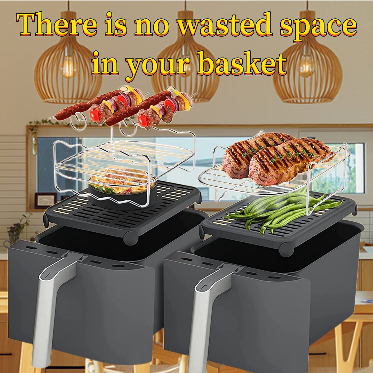 2 Pcs Air Fryer Rack for Ninja Dual Zone, Air Fryer Accessories, Stainless Steel Grill Rack with Skewers, Oil Brush Compatible with Ninja AF300UK/AF400UK, Tower, Salter and Other Dual Zone