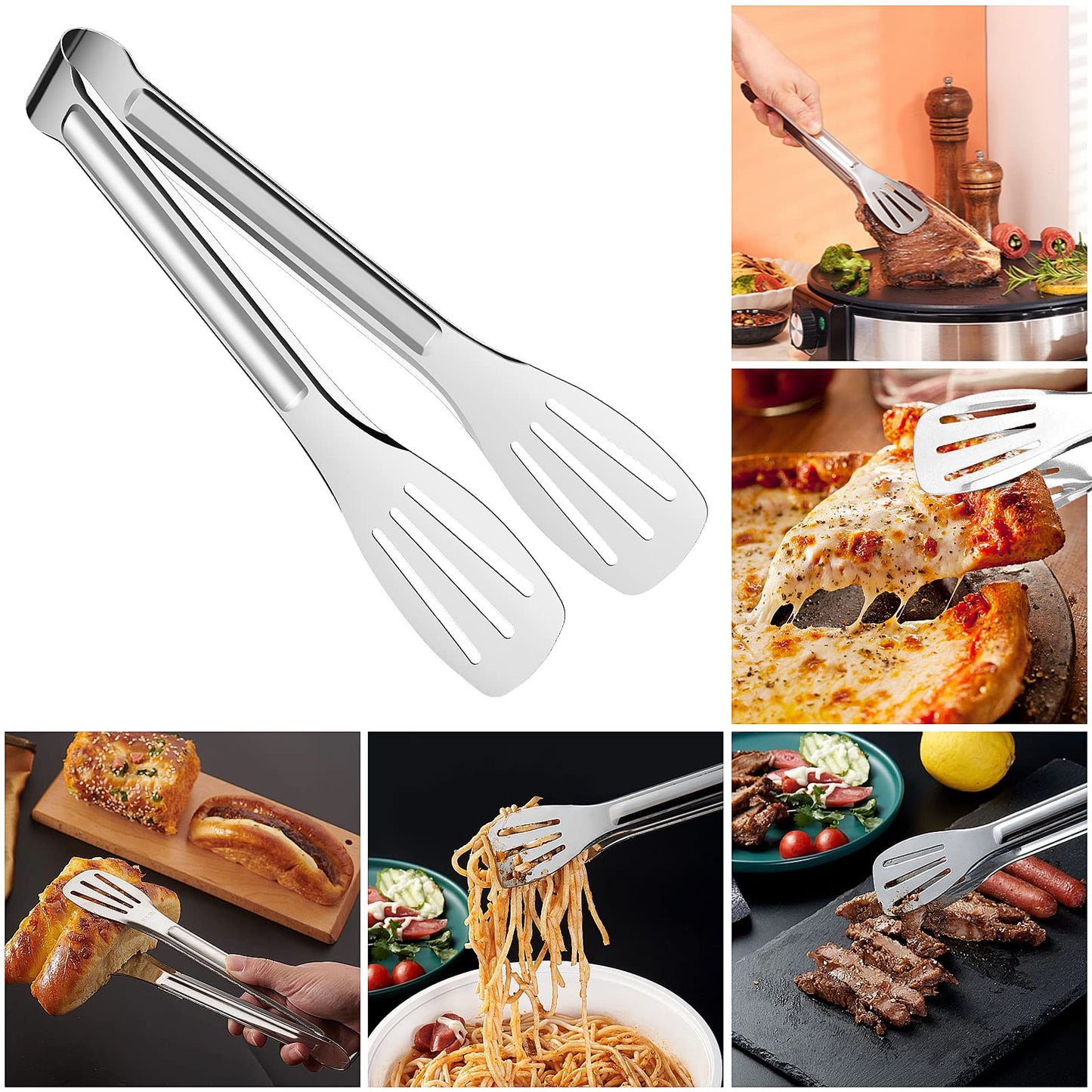 8 Pack Serving Tongs Buffet, 7 Inch Salad Tongs Server Kitchen Tongs, Stainless Steel Small Cooking BBQ Tongs Bread Cake Tongs for Wedding Birthday Party Candy Bar Utensils Style a