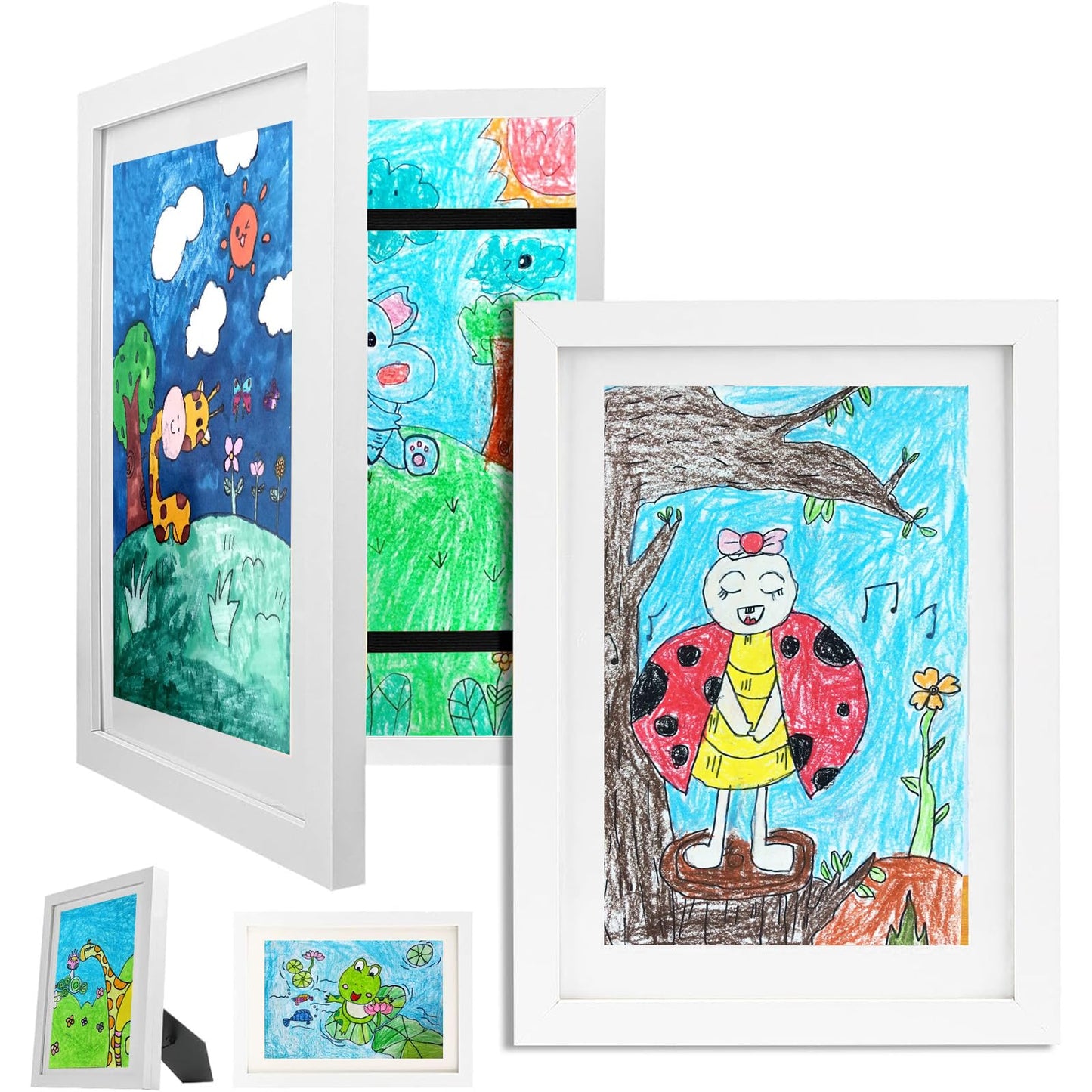 2 Pack Kids Art Frame, White A4 Artwork Frames Changeable Display, Front Opening Picture Frame with Stand for Storage 100 pieces and Great for children's Art Projects, Drawings, and 3D Art 2