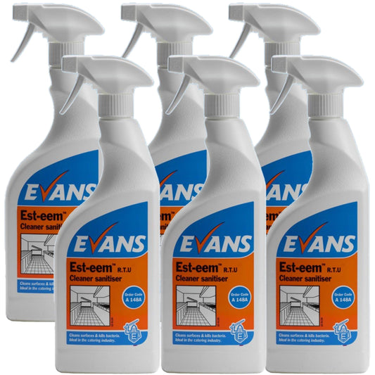 6 x Evans Est-eem Unperfumed Ready to Use Anti Bacterial Cleaner Sanitiser and Terminal Disinfectant 750ltr bottles