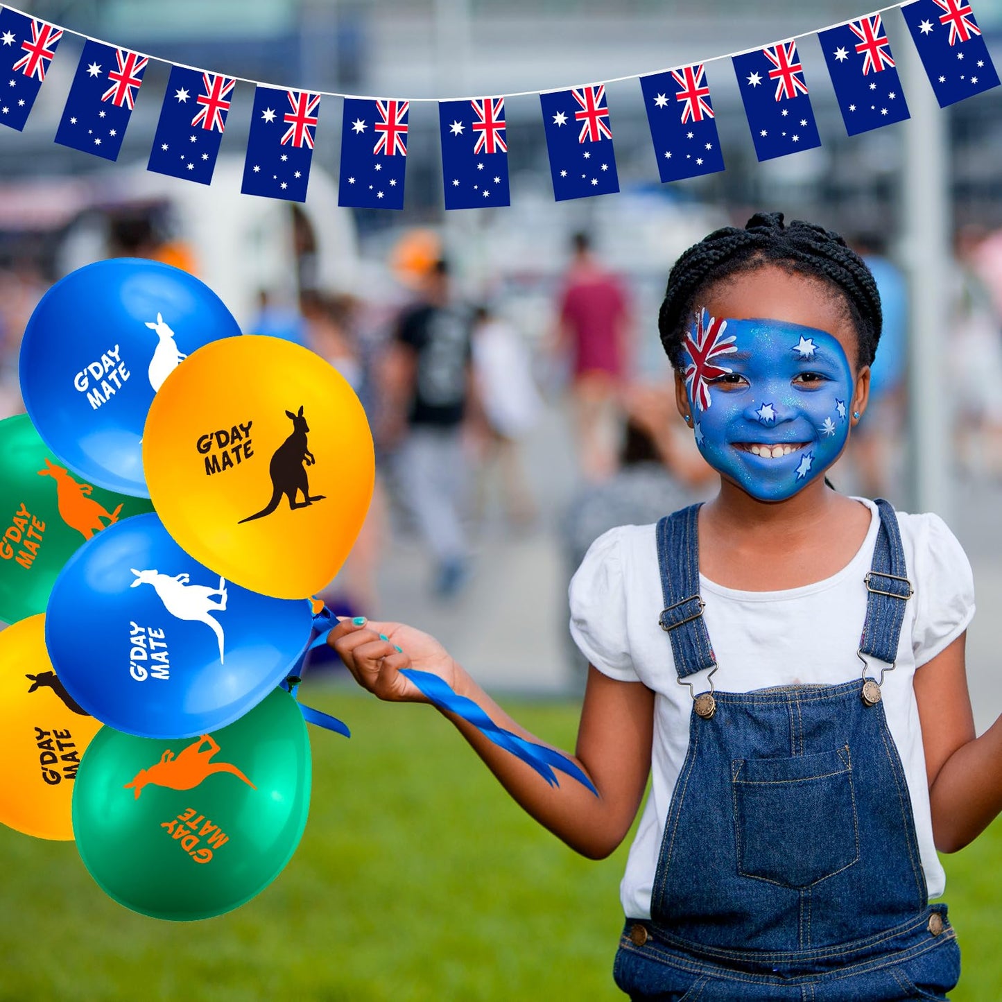 5M Australian Flag Bunting Banner by 20 Pcs Small Australian Flags,18Pcs Kangaroo Balloons Australia Day Balloons and Silvery Grey Ribbons for Australian Party Decorations,Baby Shower Birthday Party