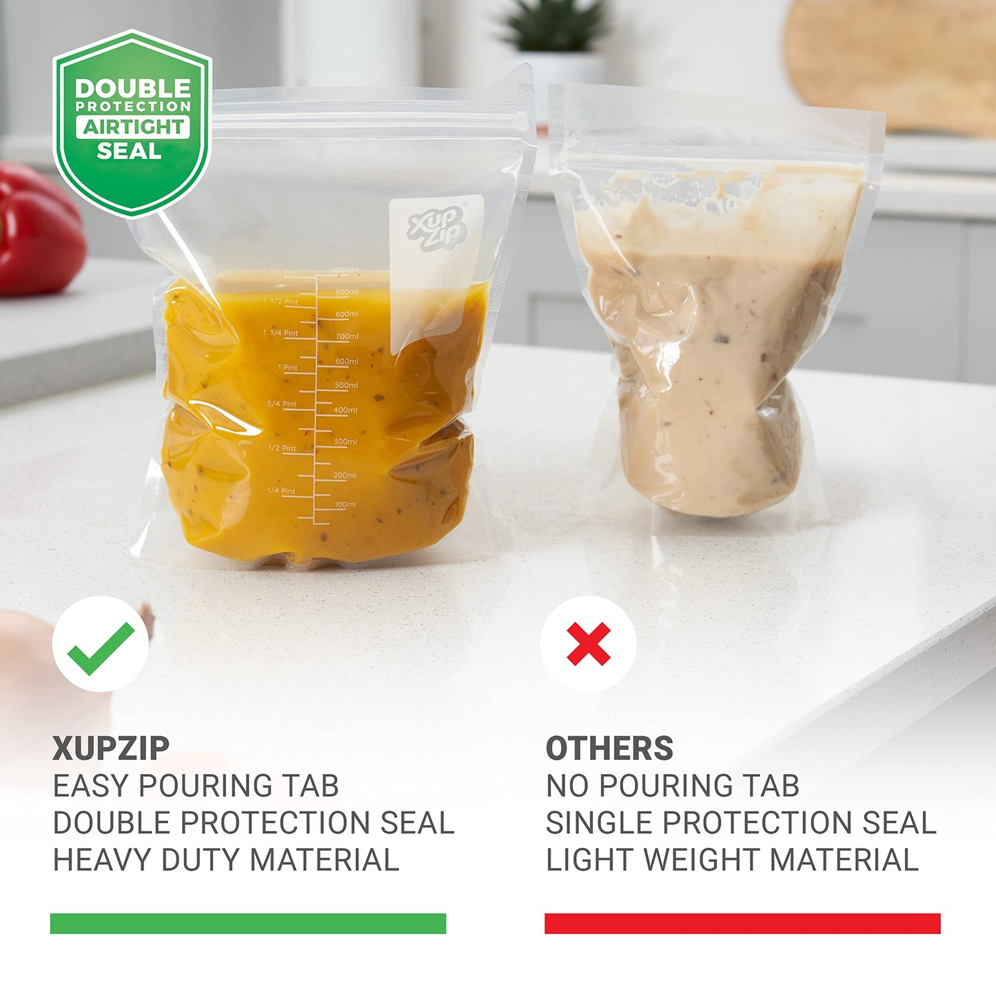 20 x XupZip 500ml Soup Bags - Clear Soup Bag 20 x 17.4cm - Heavy-Duty Freezer Bags - Airtight Double Seal, Easy Pouring Tab - Standing Food Storage Bags - Reusable Freezer Bags for Soup Storage 500ml - 20 Bags