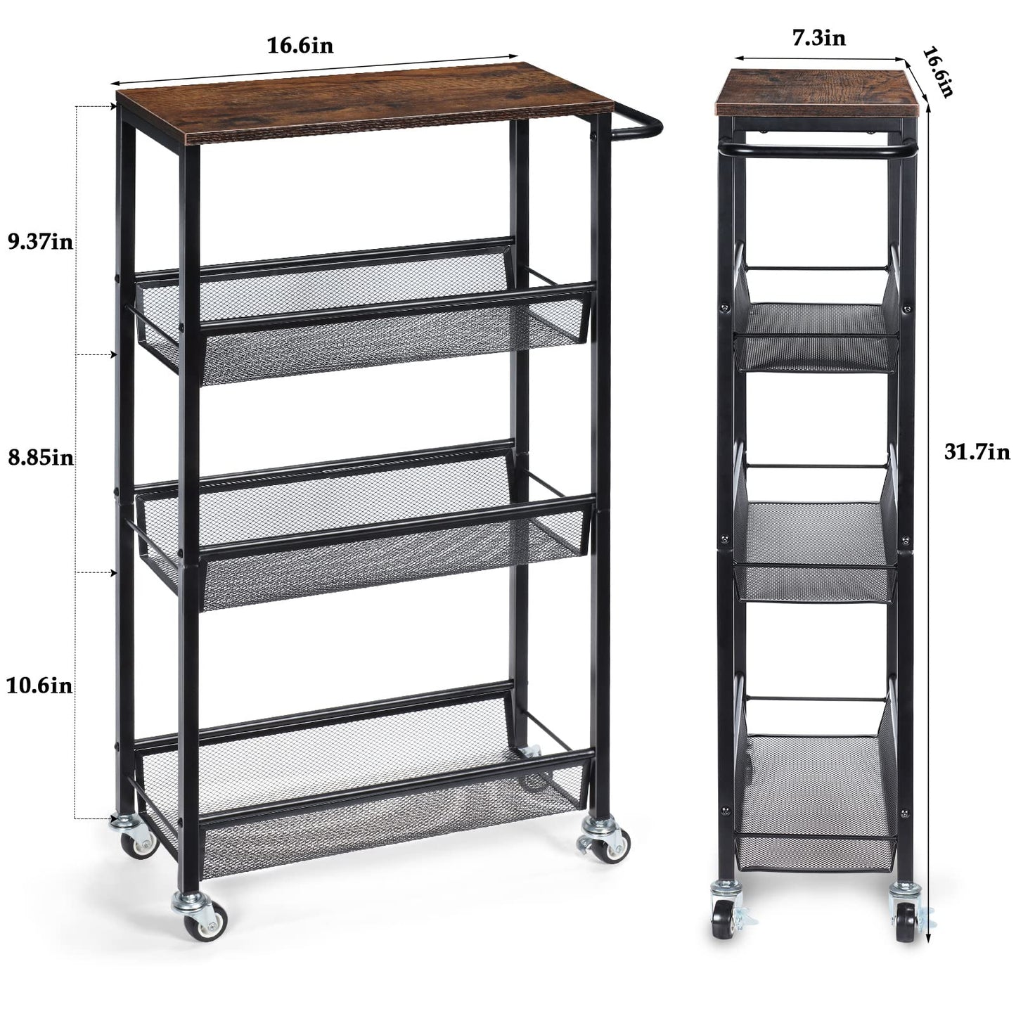 4-Tier Storage Trolley Cart, Slim Storage Trolley, Narrow Storage Unit, Rolling Cart Storage Organizer on Wheels, Mesh Basket Shelf with Handles for Office Bathroom Kitchen Laundry Room