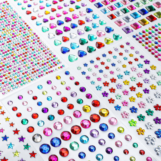 2097 Pcs Stick on Gems, Face Gems Stickers for Crafts, Self-Adhesive Rhinestone Stickers, Multicolored and Assorted Shapes Sticky Gems for DIY Craft Makeup Nail Body Kids Festival (9 Sheets)