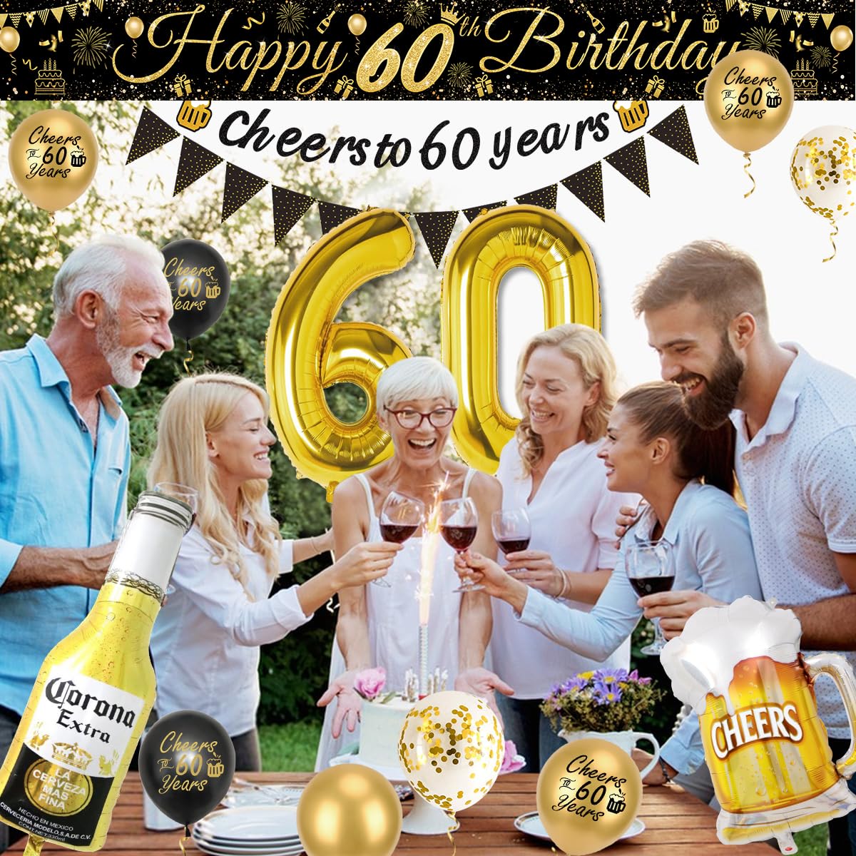 60th Birthday Decoration for Men, 60th Black Gold Balloons with Cheers to 60 Years Banner, Beer & Beer Mug Foil Balloons, Number 60 Foil Balloons for Birthday Party Decorations