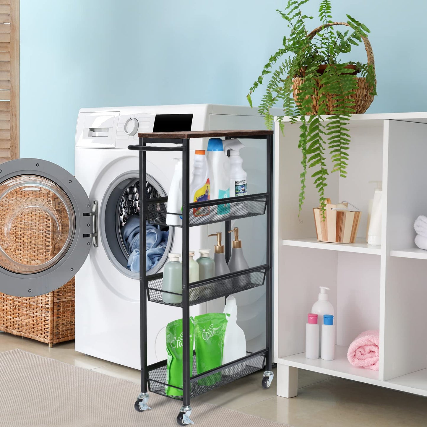 4-Tier Storage Trolley Cart, Slim Storage Trolley, Narrow Storage Unit, Rolling Cart Storage Organizer on Wheels, Mesh Basket Shelf with Handles for Office Bathroom Kitchen Laundry Room